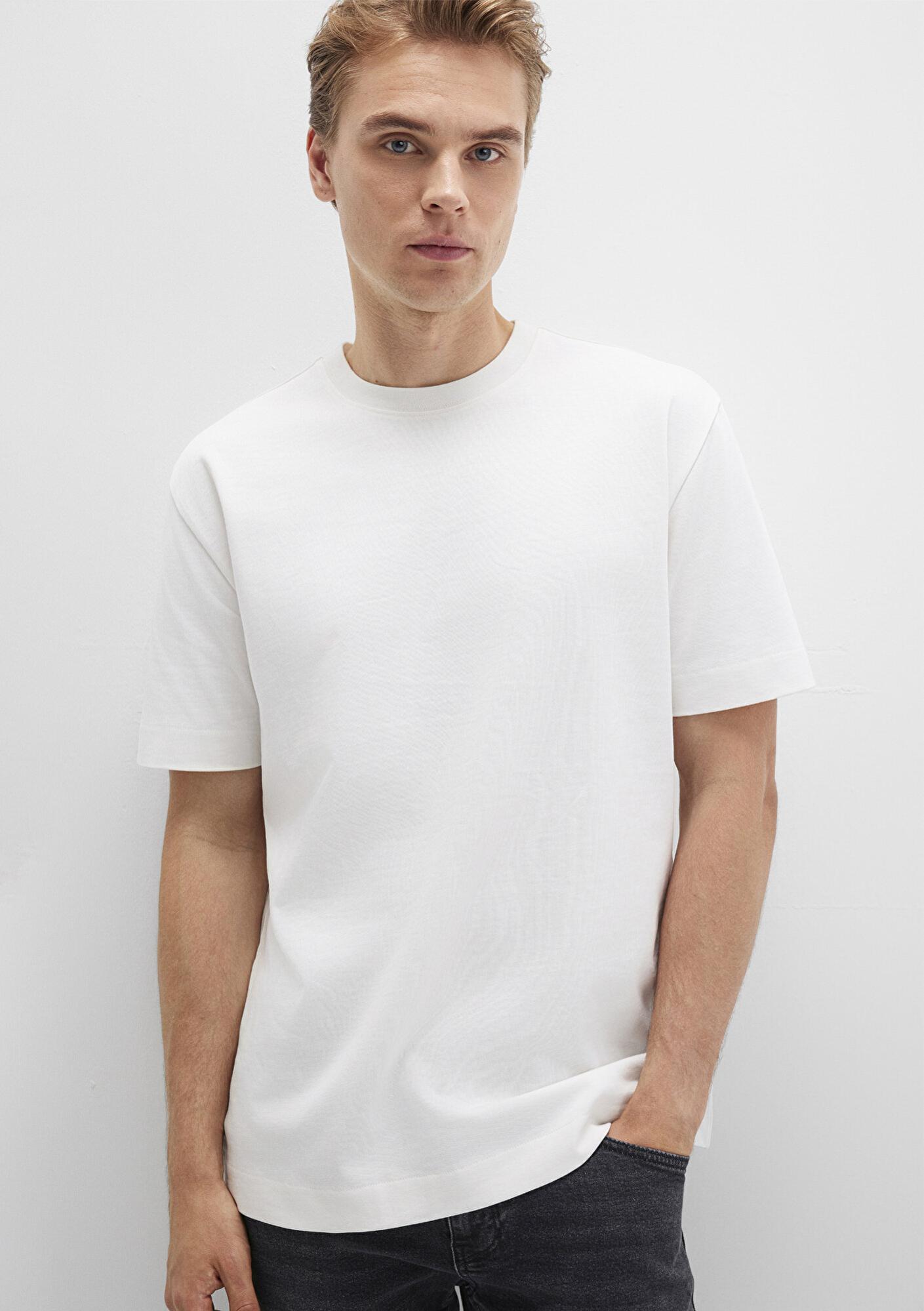 Mavi Bisiklet Yaka Ekru Basic Tişört Loose Fit / Bol Rahat Kesim 0612864-70057