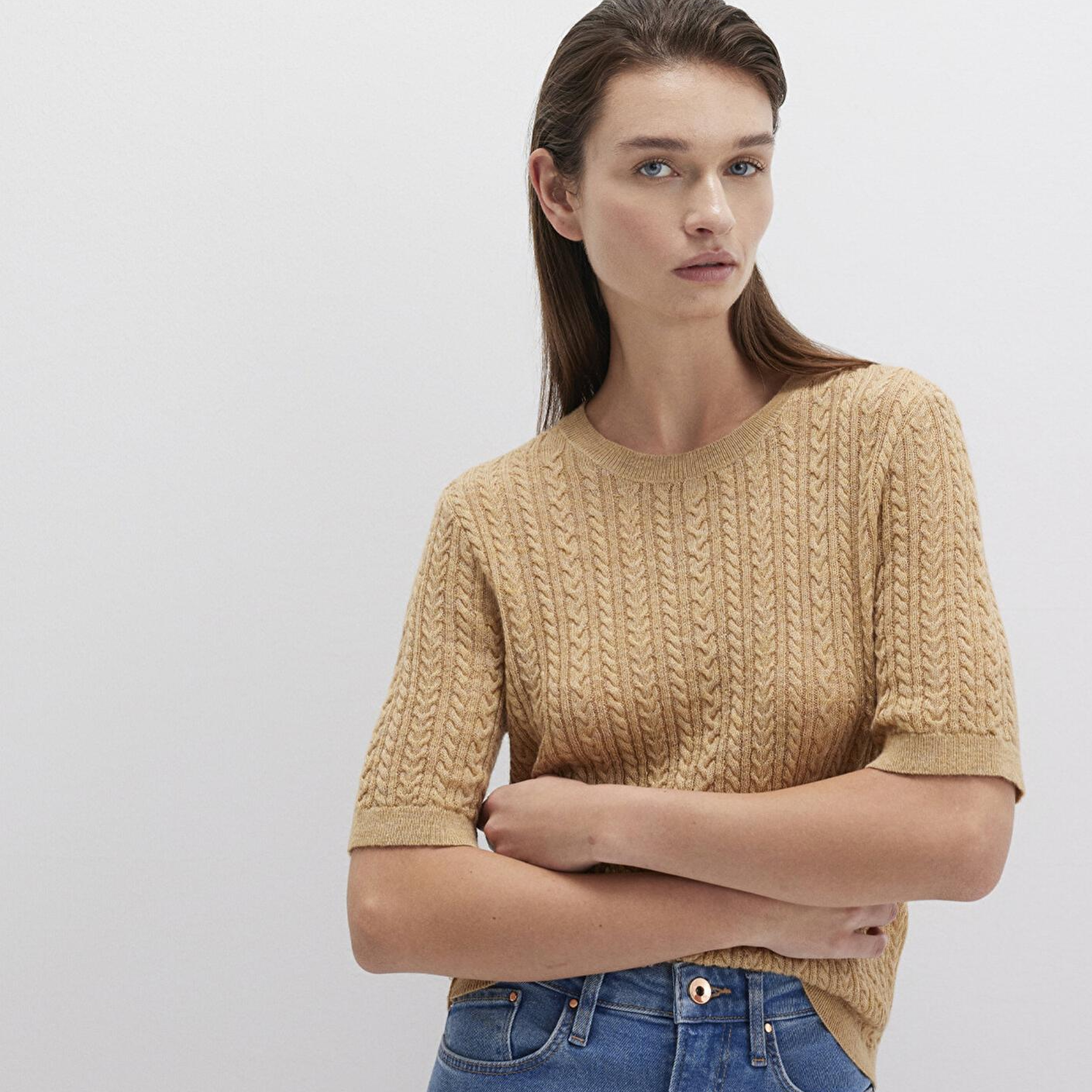 Mavi Kısa Kollu Sarı Kazak Slim Fit / Dar Kesim 1710702-90659