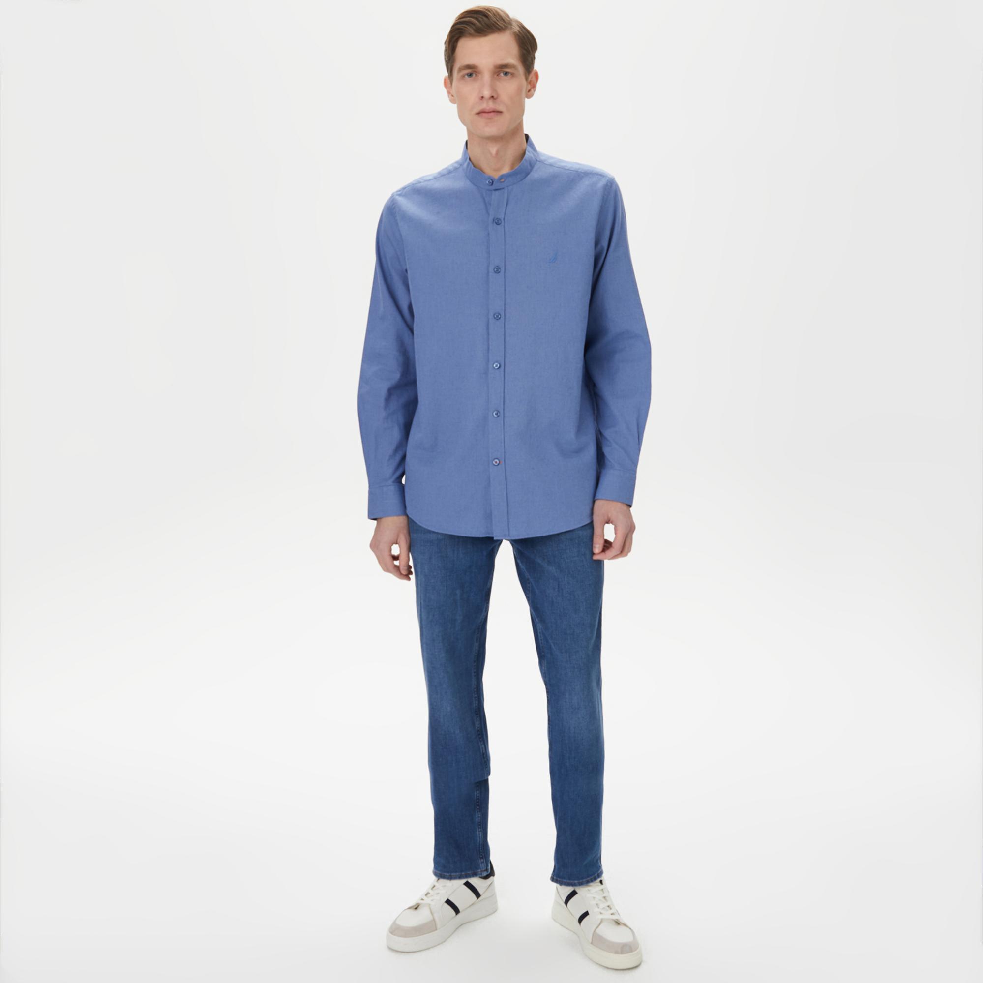 Nautica Erkek Mavi Classic Fit Keten Gömlek