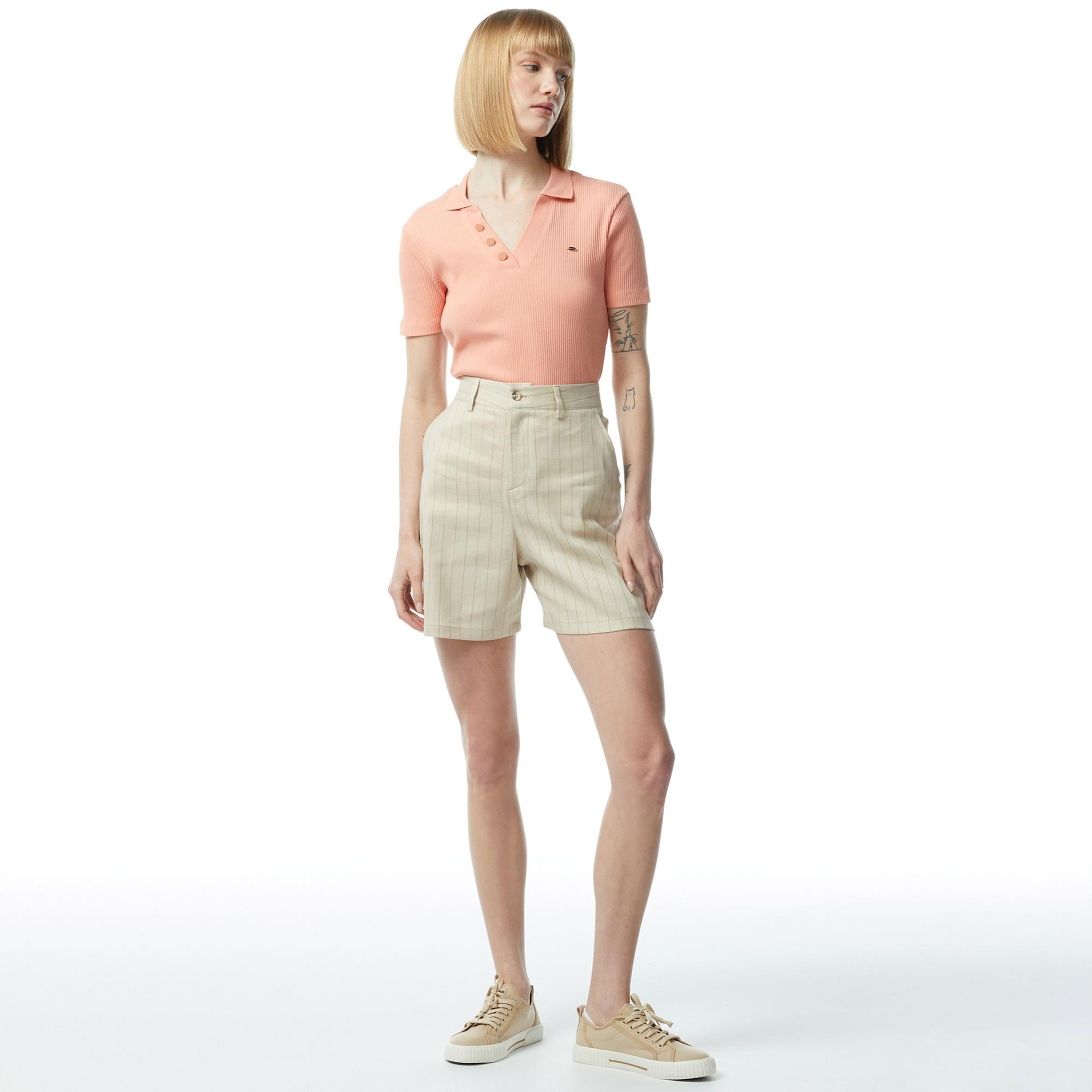 Nautica Kadın Bej Relaxed Fit Çizgili Şort