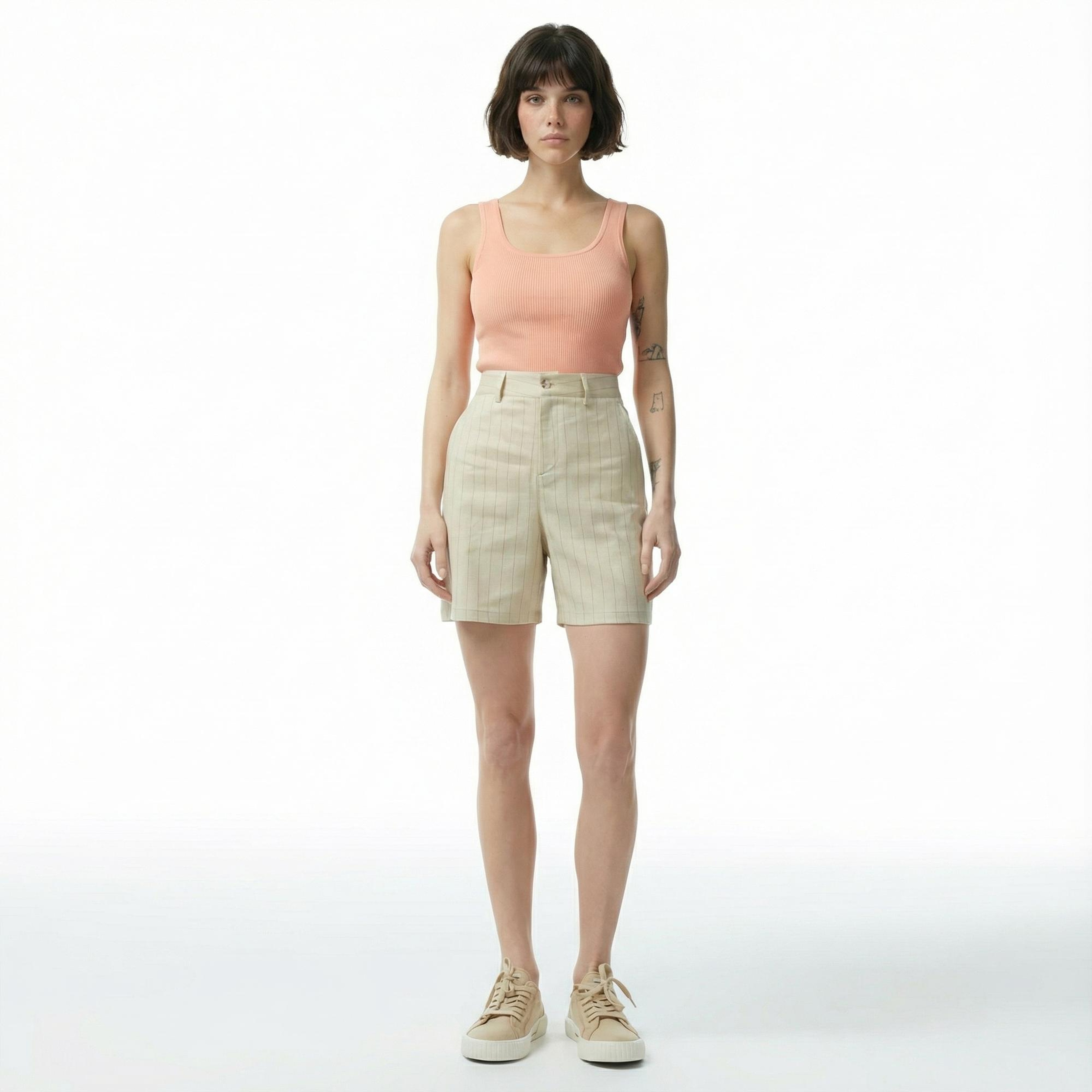 Nautica Kadın Bej Relaxed Fit Çizgili Şort