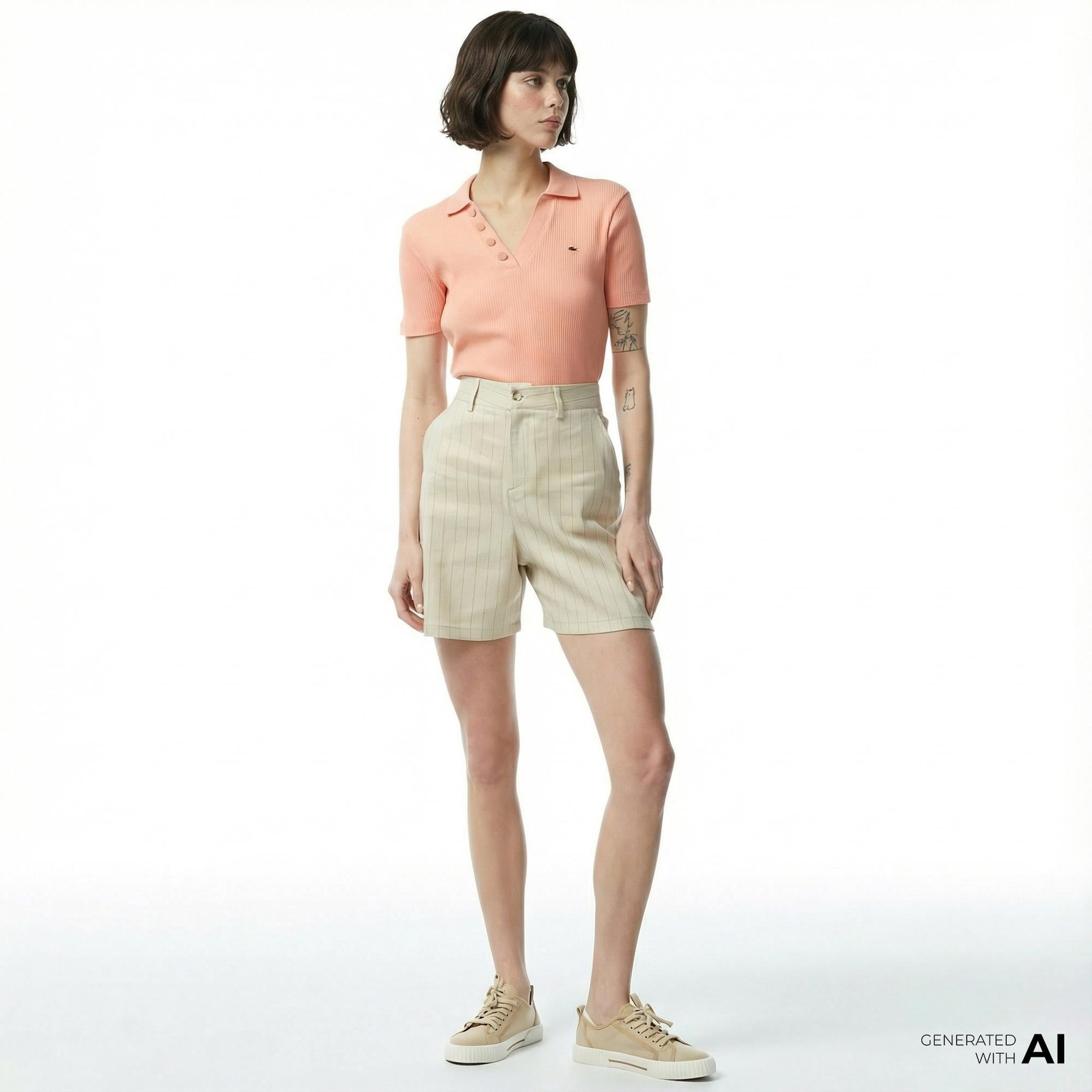 Nautica Kadın Bej Relaxed Fit Çizgili Şort