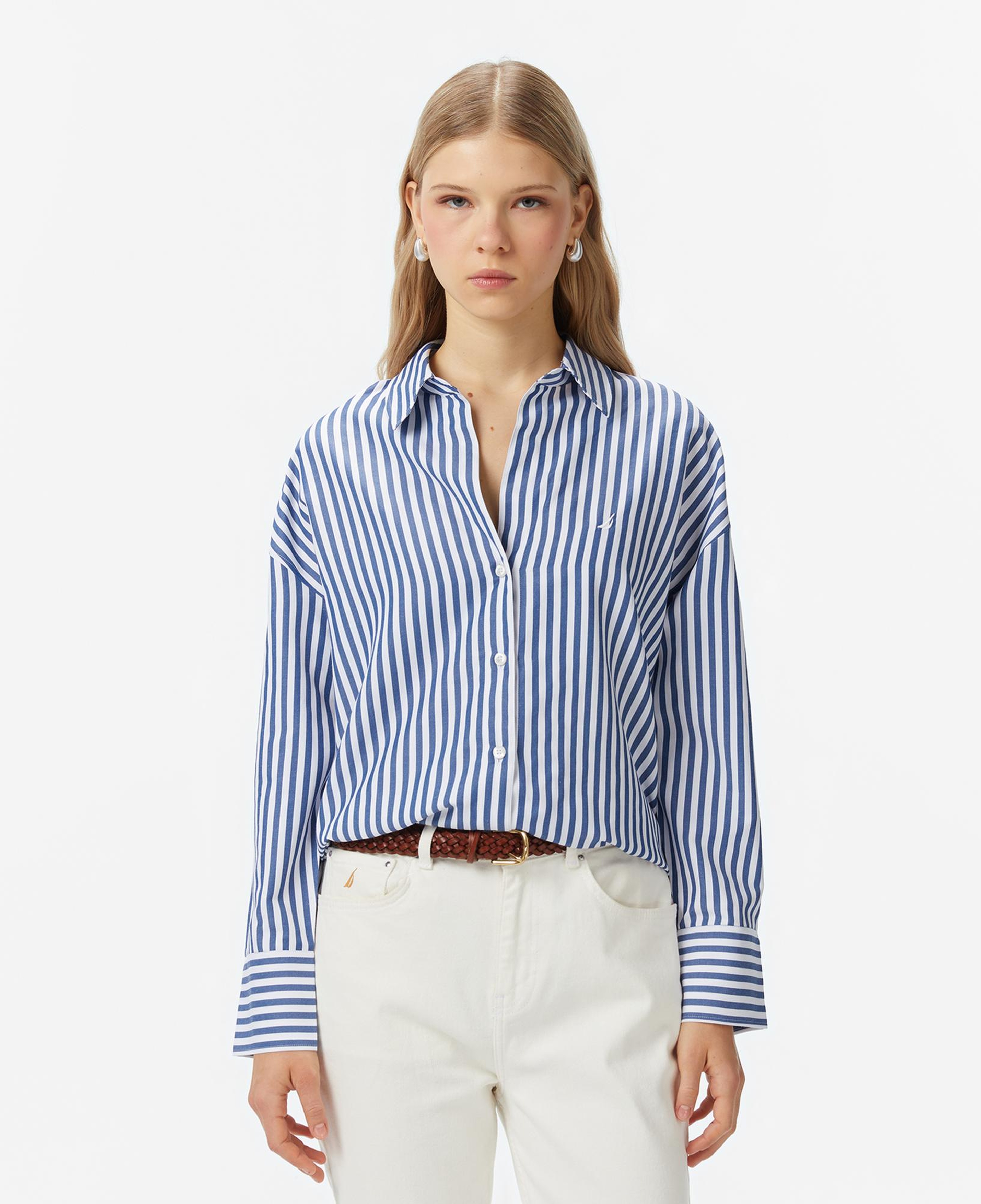 Nautica Kadın Mavi Oversize Çizgili Gömlek
