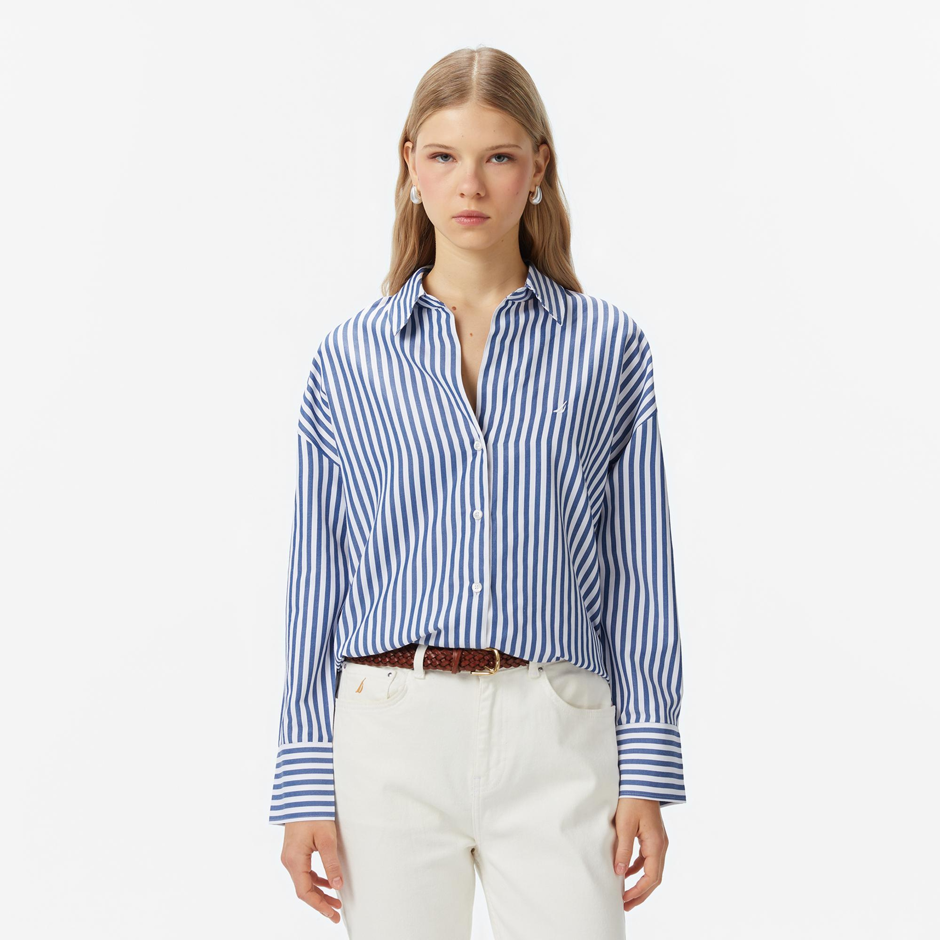 Nautica Kadın Mavi Oversize Çizgili Gömlek