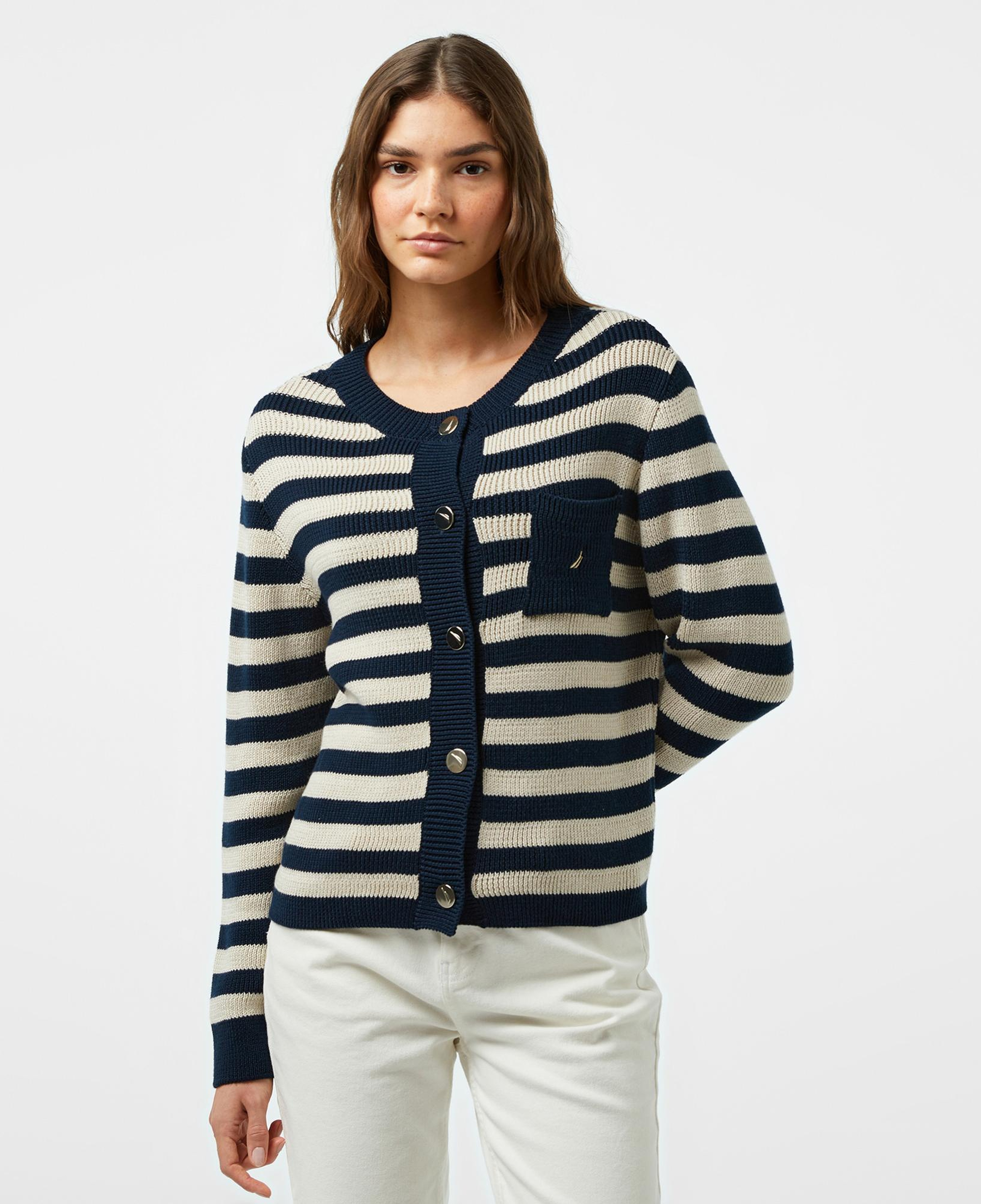 Nautica Kadın Lacivert Çizgili Regular Fit Hırka