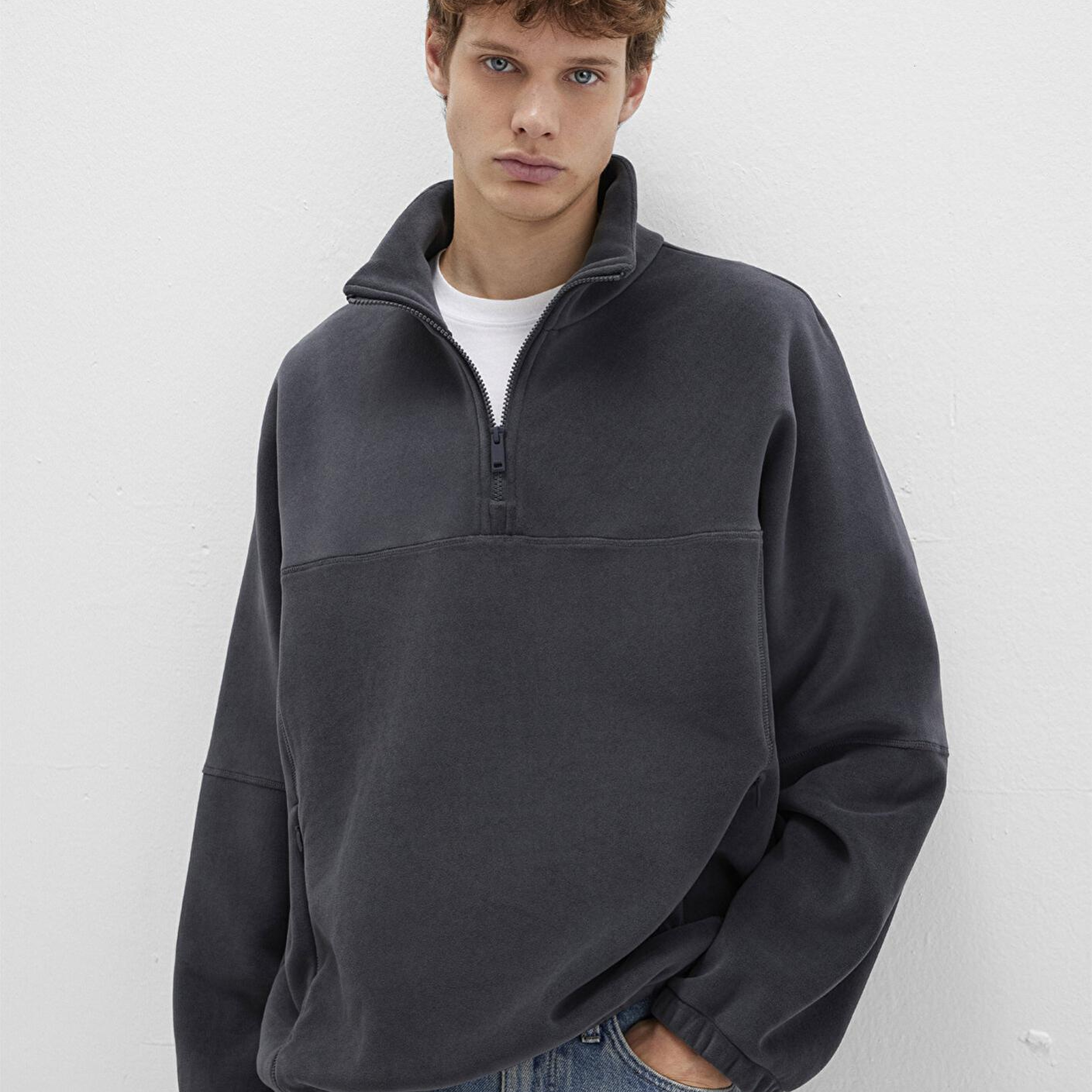 Mavi Dik Yaka Antrasit Polar Sweatshirt Loose Fit / Bol Rahat Kesim 0110738-80776