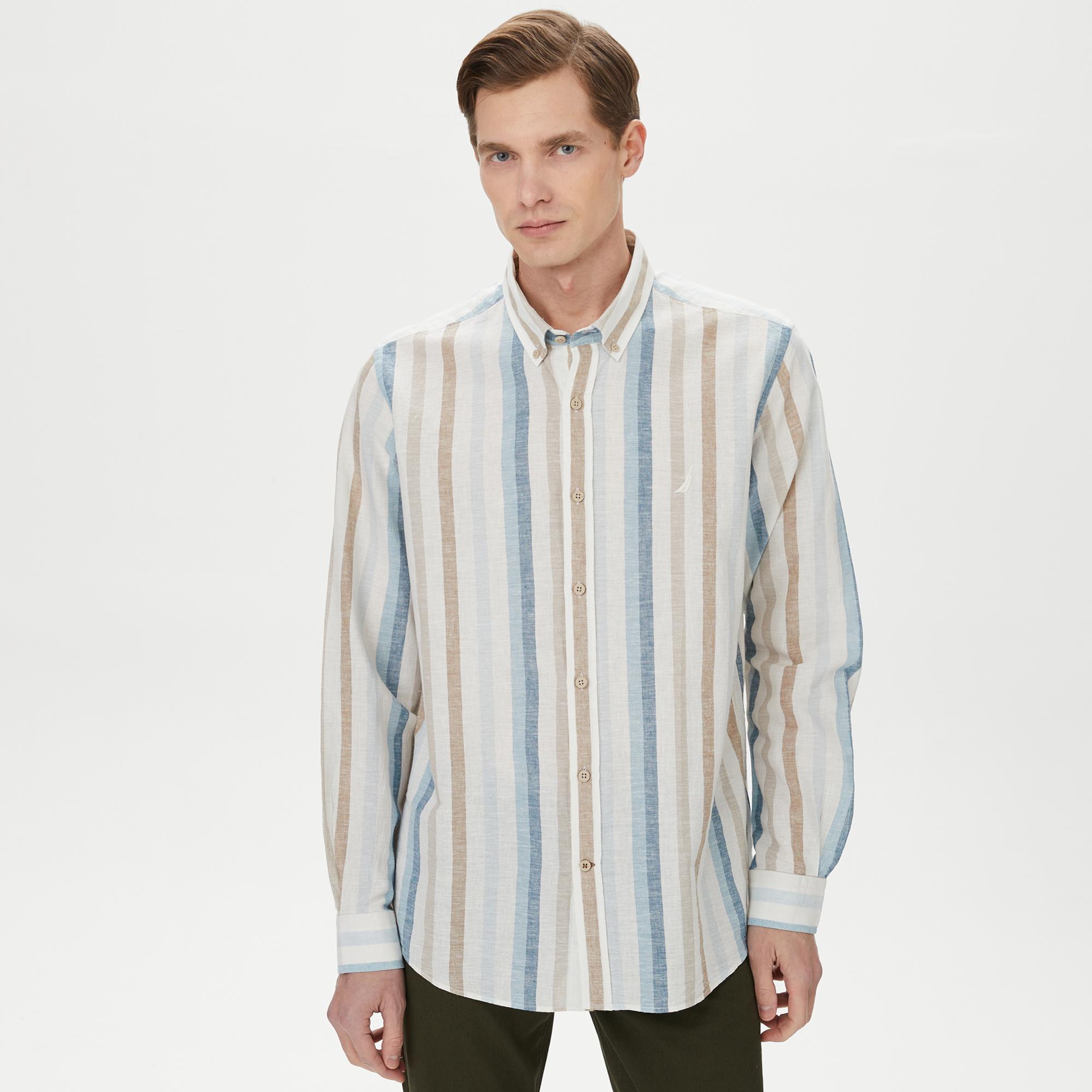 Nautica Erkek Mavi Classic Fit Uzun Kollu Çizgili Gömlek