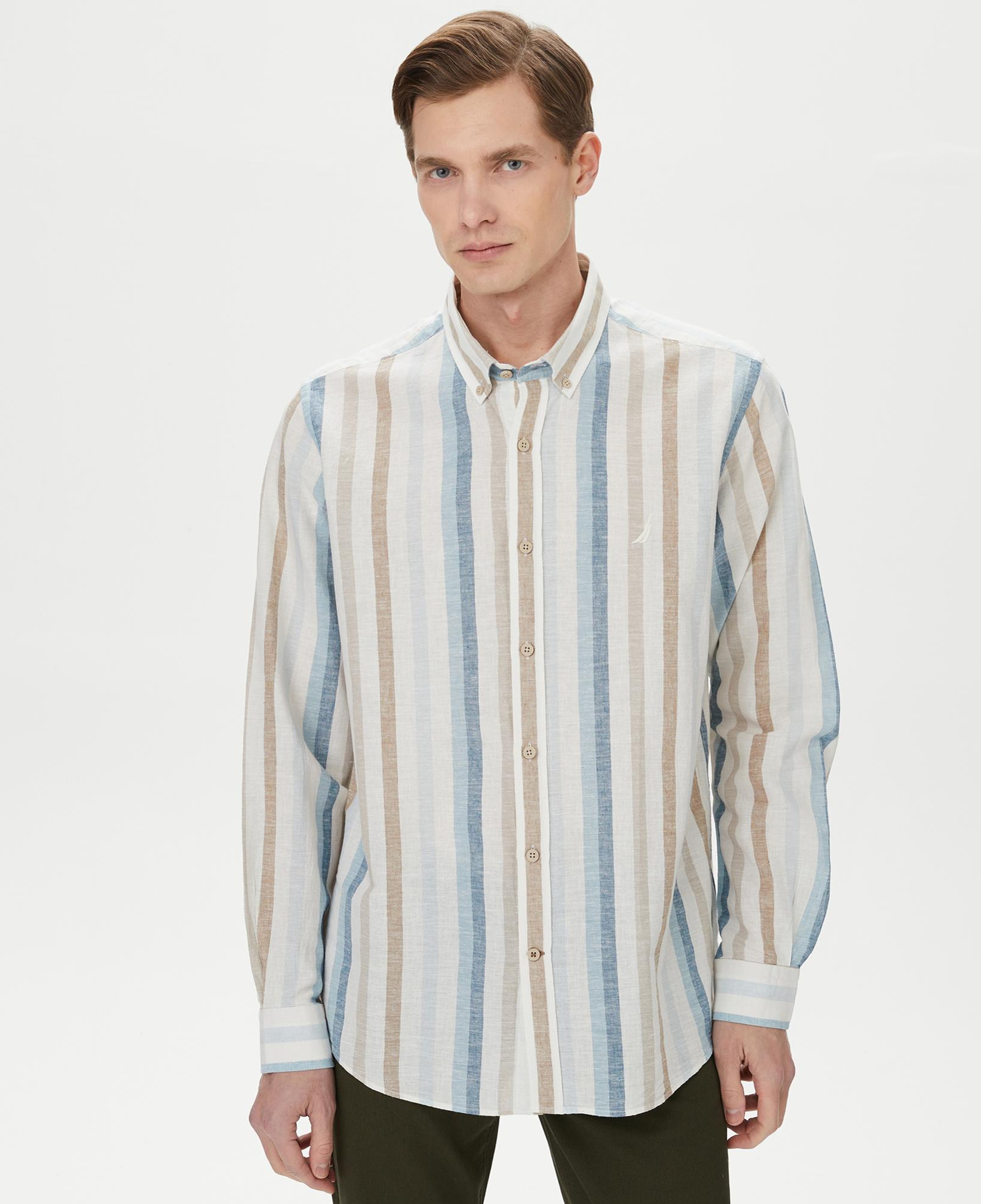 Nautica Erkek Mavi Classic Fit Uzun Kollu Çizgili Gömlek