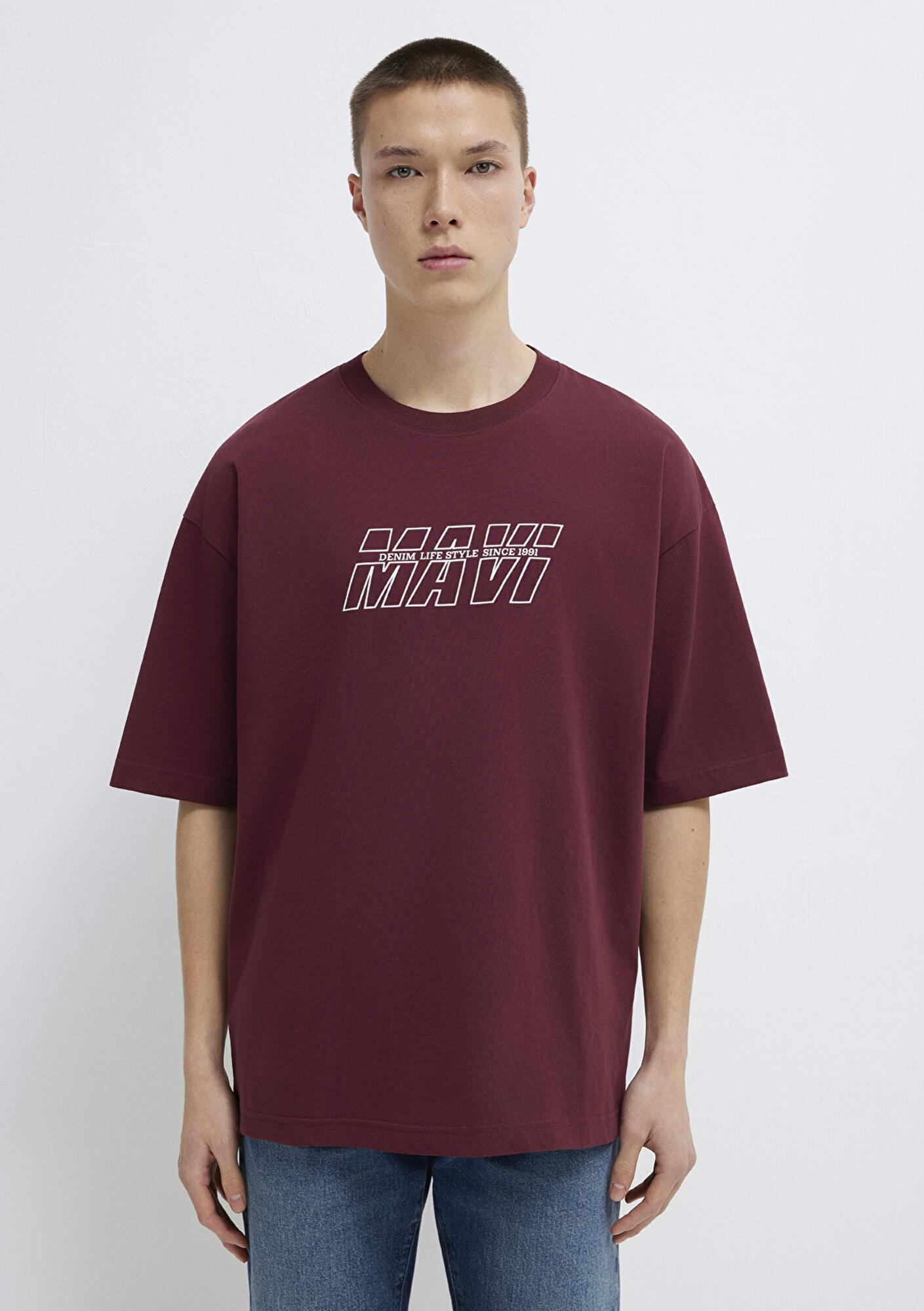 Mavi Mavi Baskılı Bordo Tişört Oversize / Geniş Kesim 0611827-70396