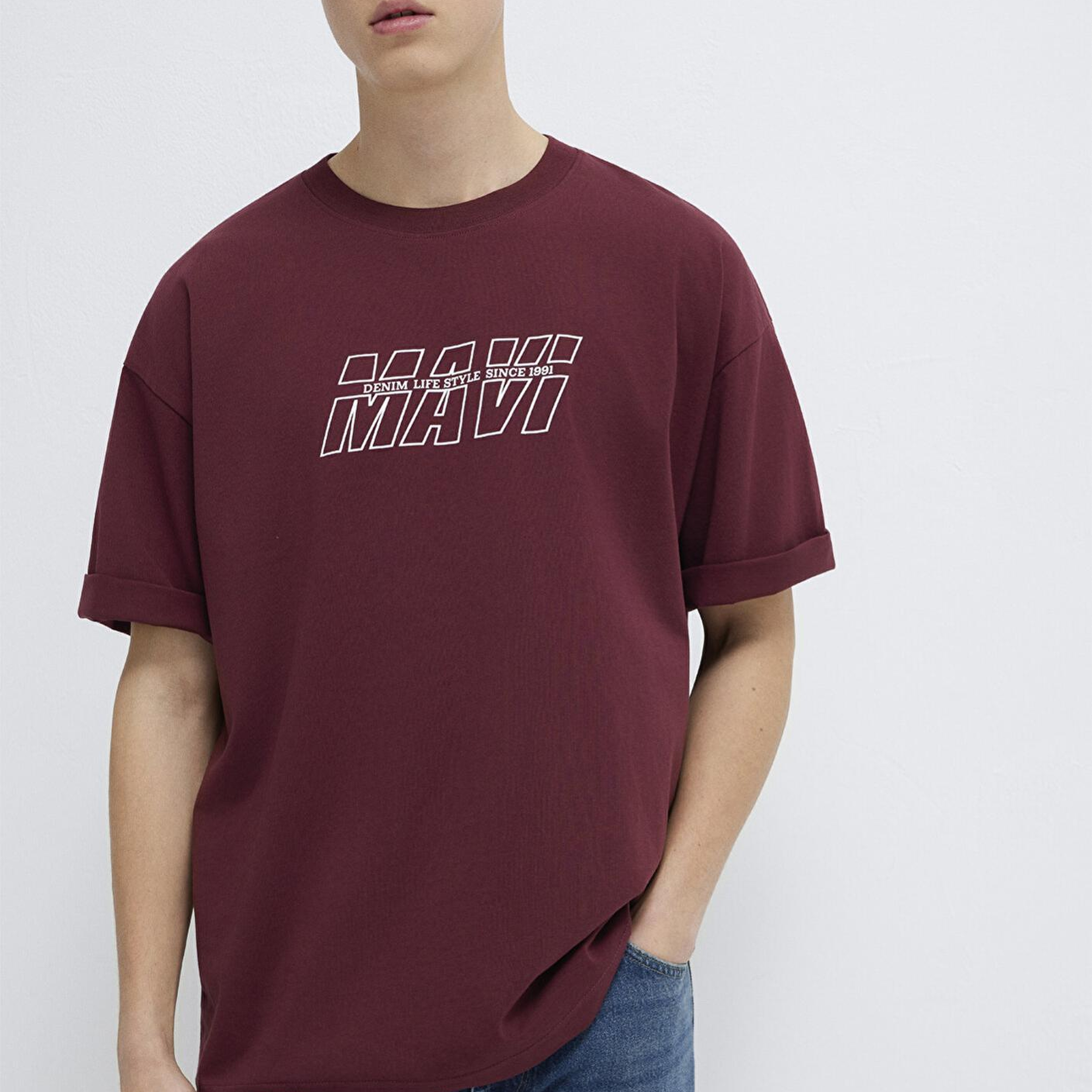 Mavi Mavi Baskılı Bordo Tişört Oversize / Geniş Kesim 0611827-70396