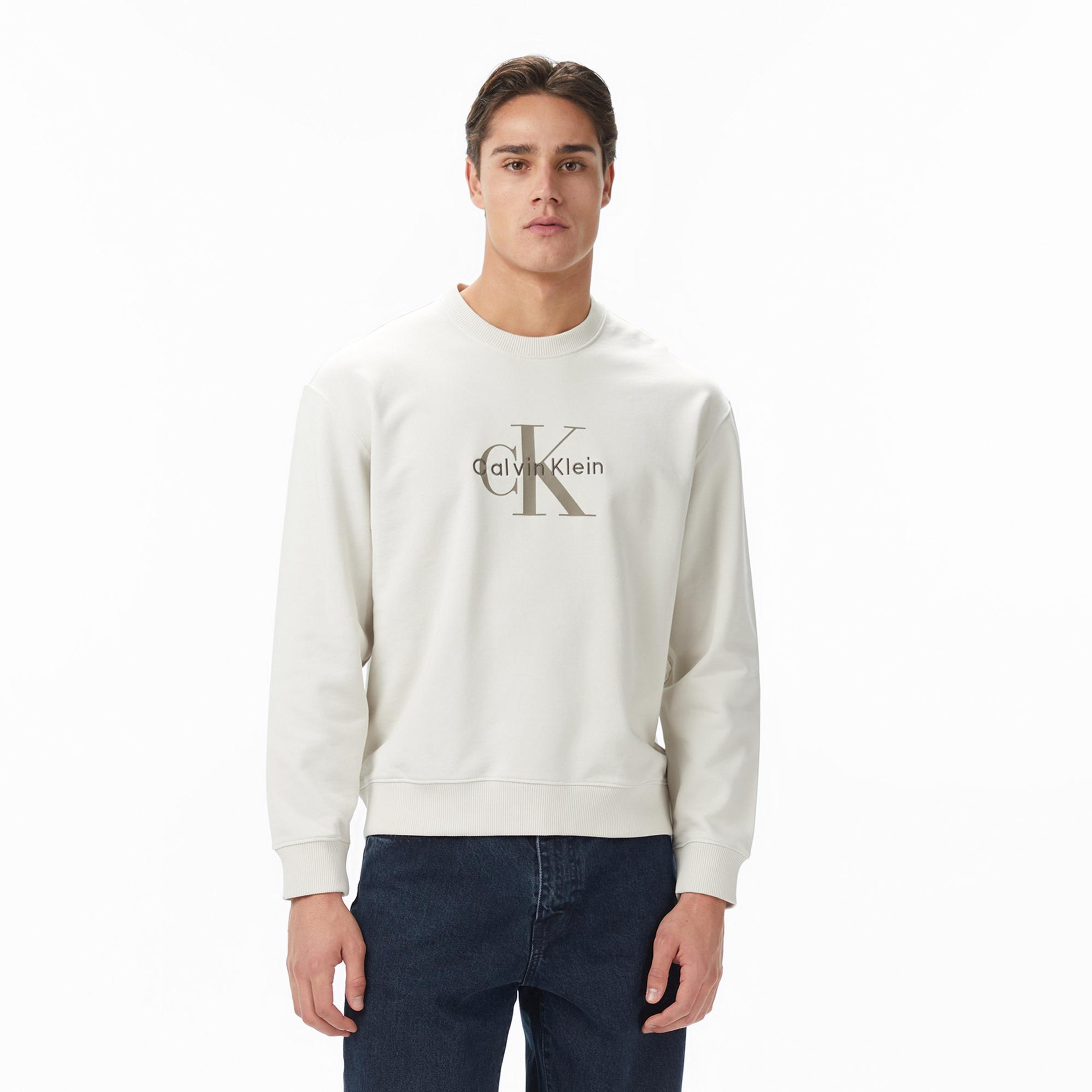 Calvin Klein Terry Monologo Erkek Beyaz Sweatshirt