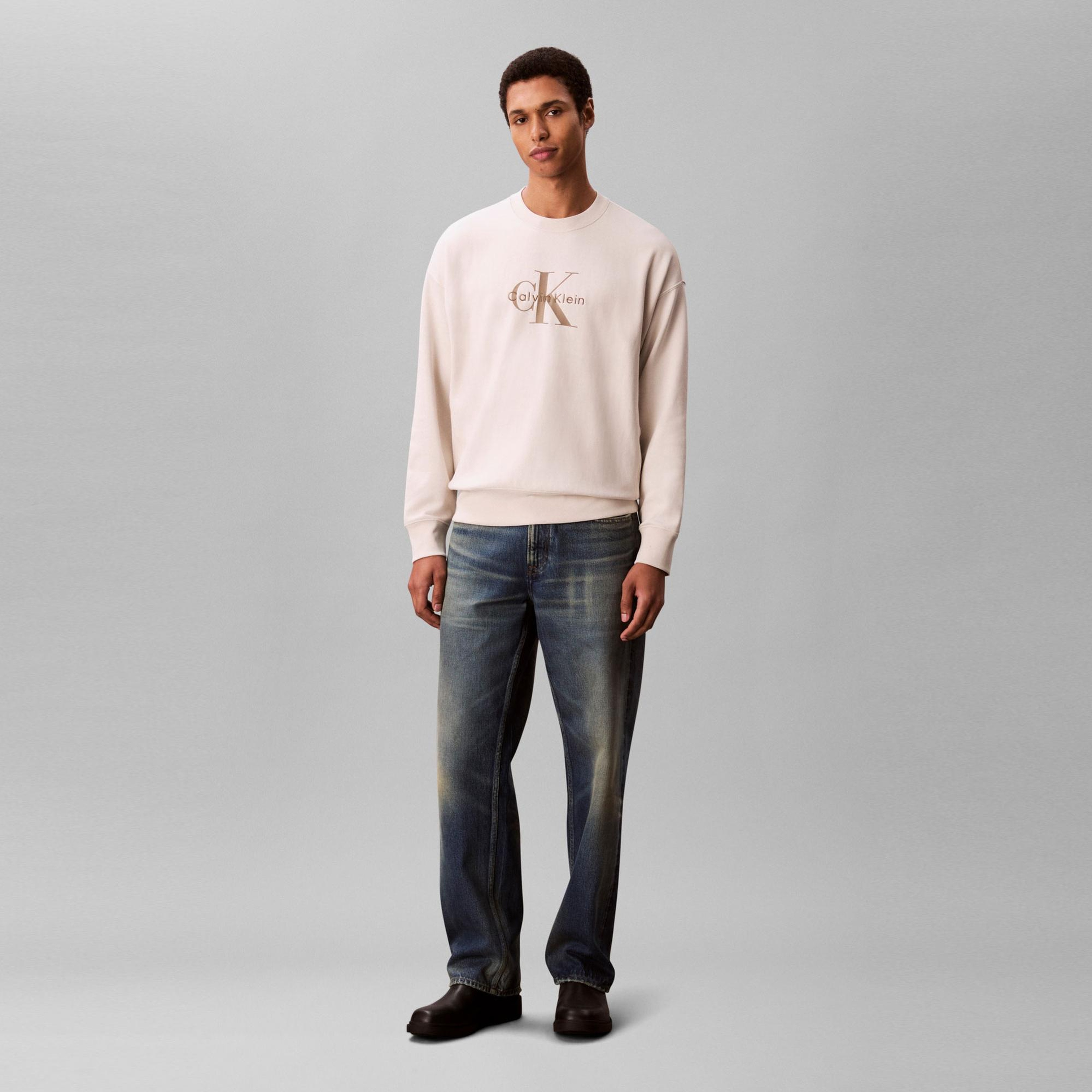 Calvin Klein Terry Monologo Erkek Beyaz Sweatshirt