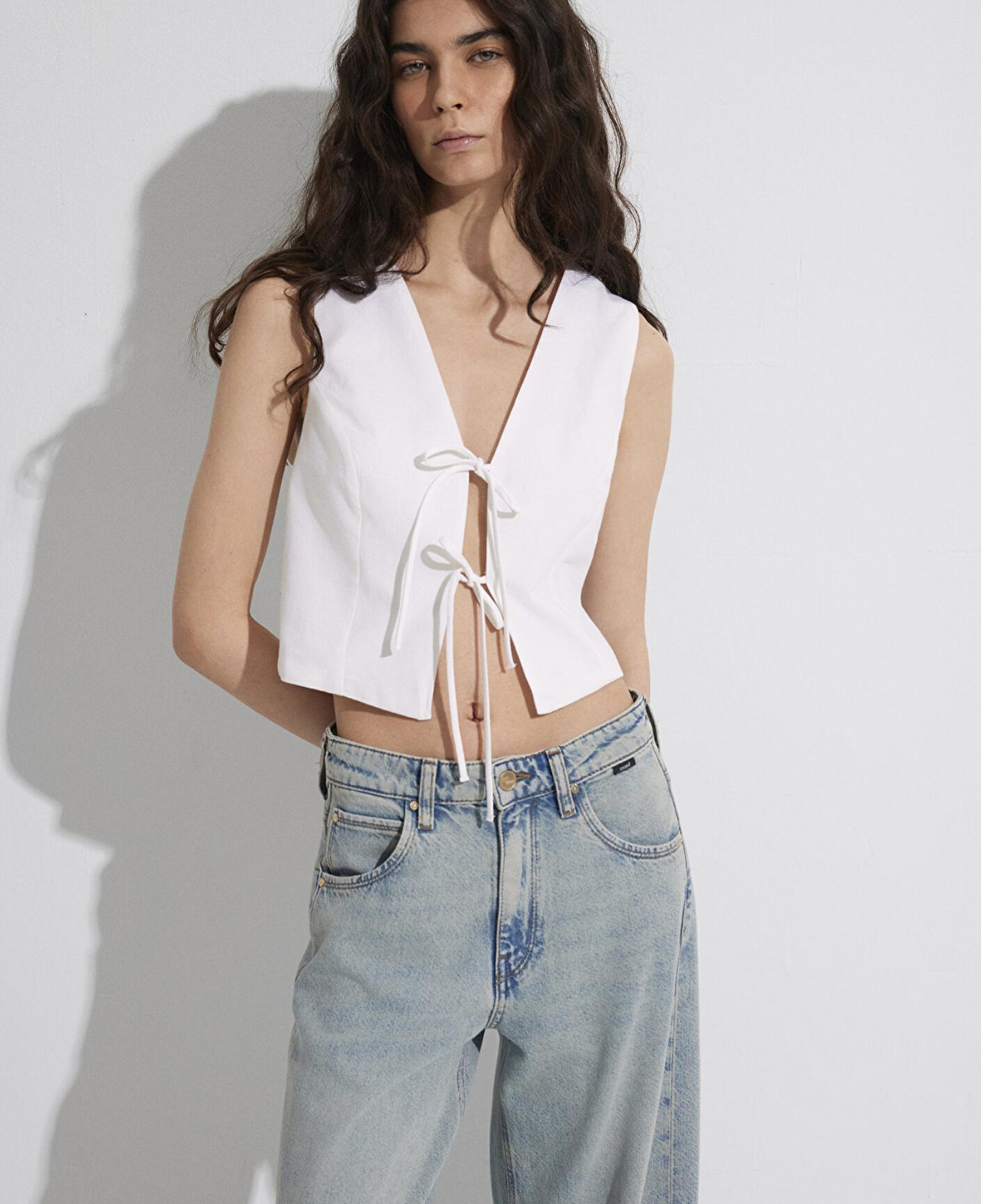 Mavi Ekru Keten Karışımlı Bluz 1211103-70057