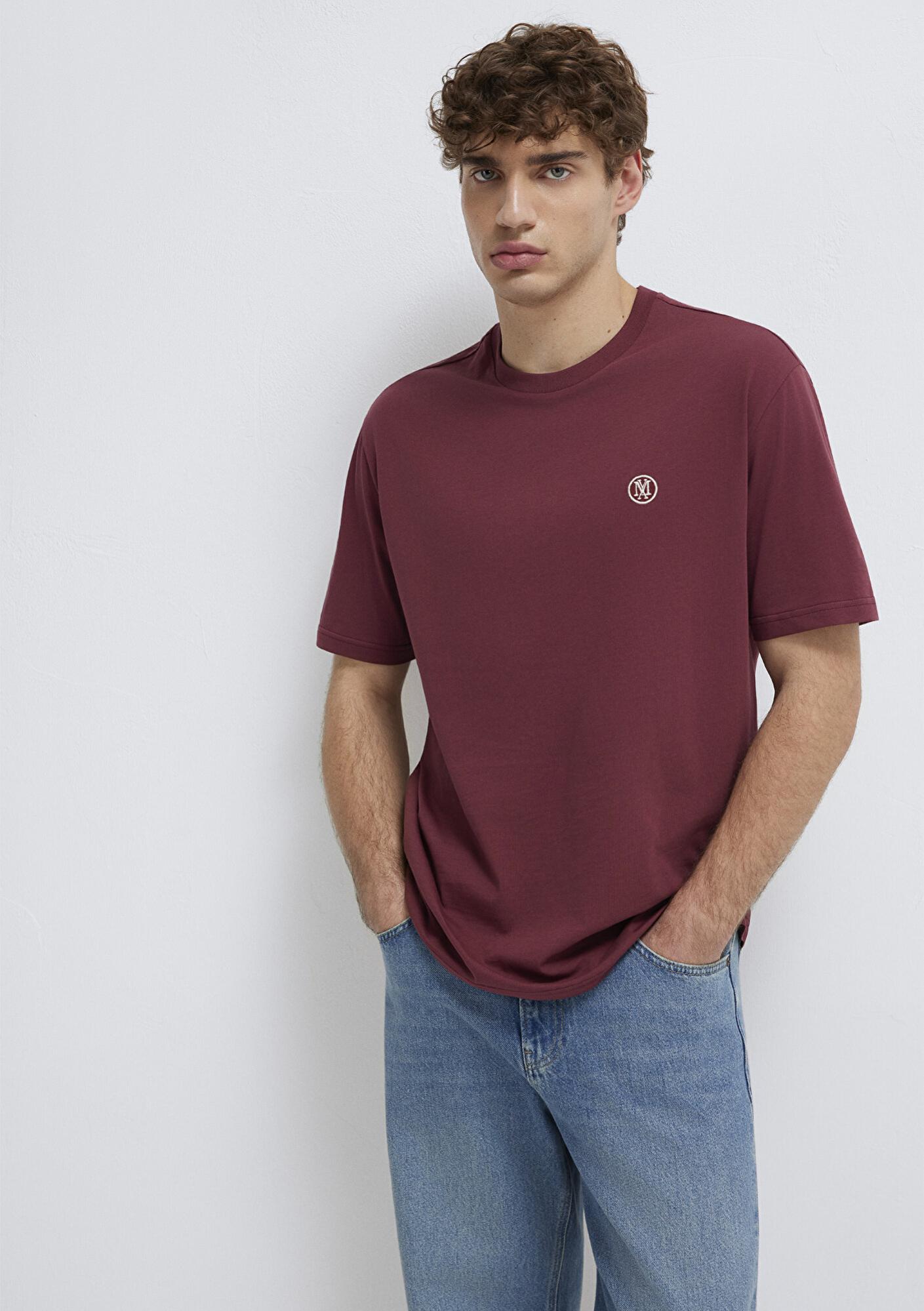 Mavi Mavi Logo İşlemeli Bordo Basic Tişört Loose Fit / Bol Rahat Kesim 067074-70396