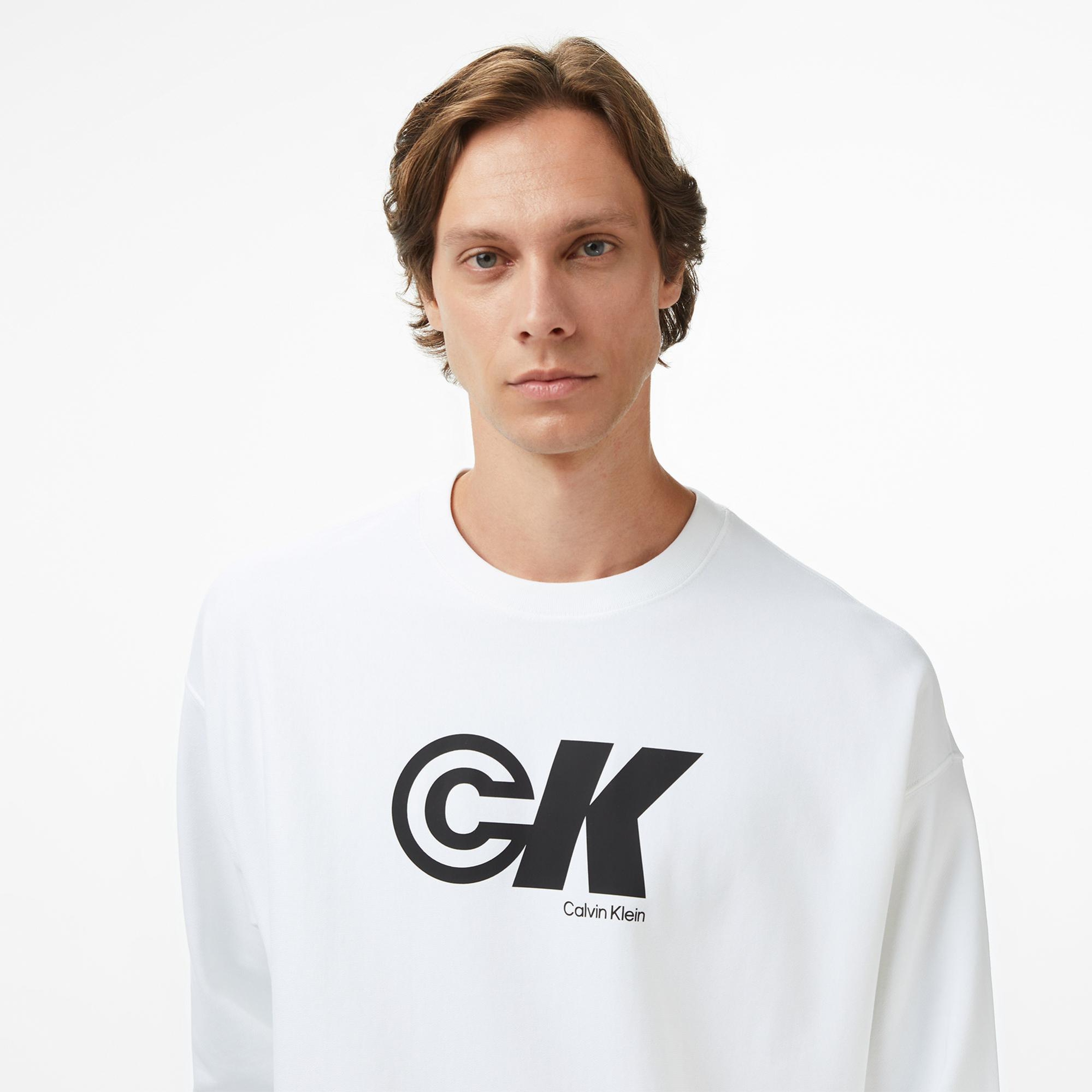 Calvin Klein Premium Terry Sport Graphic Erkek Beyaz Sweatshirt