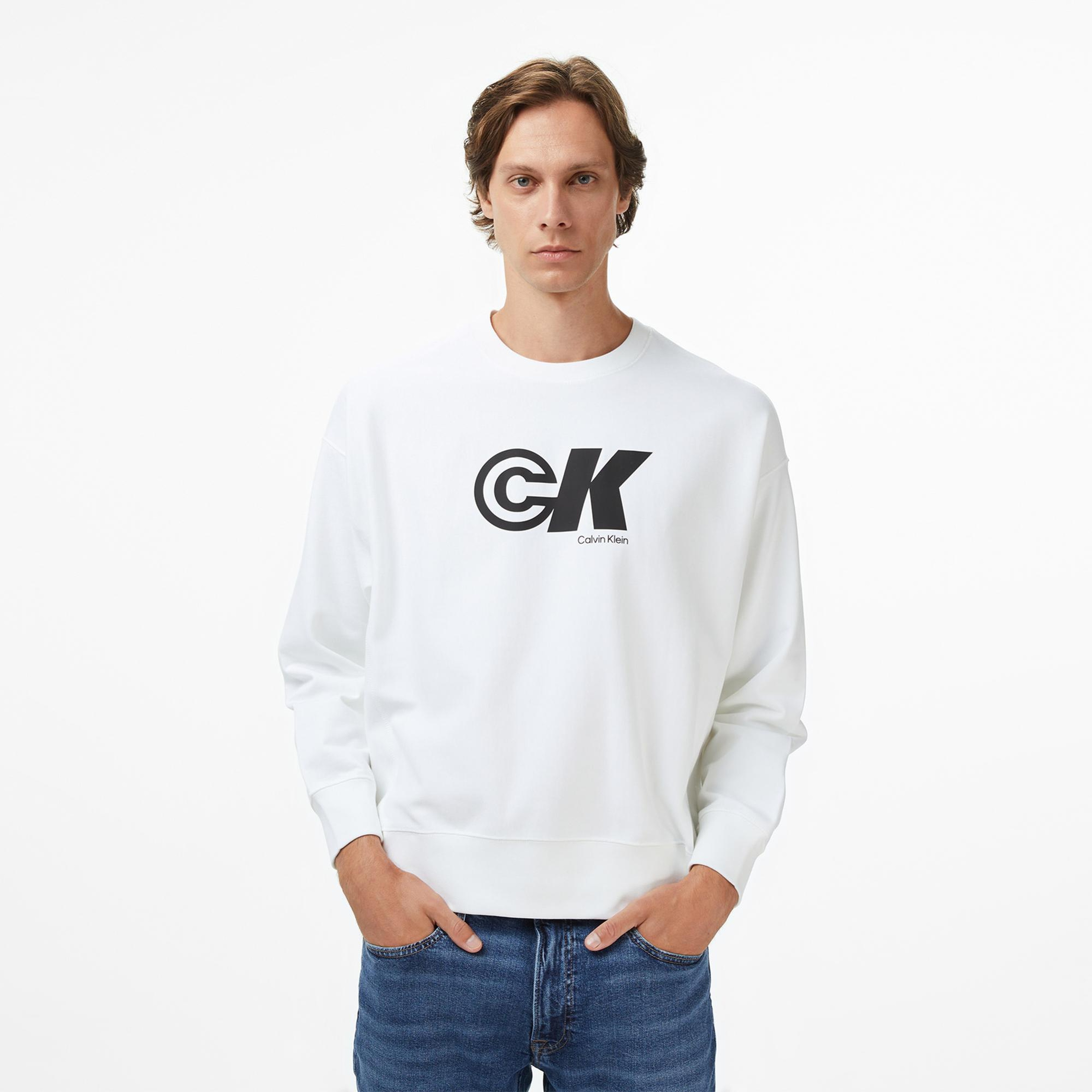 Calvin Klein Premium Terry Sport Graphic Erkek Beyaz Sweatshirt
