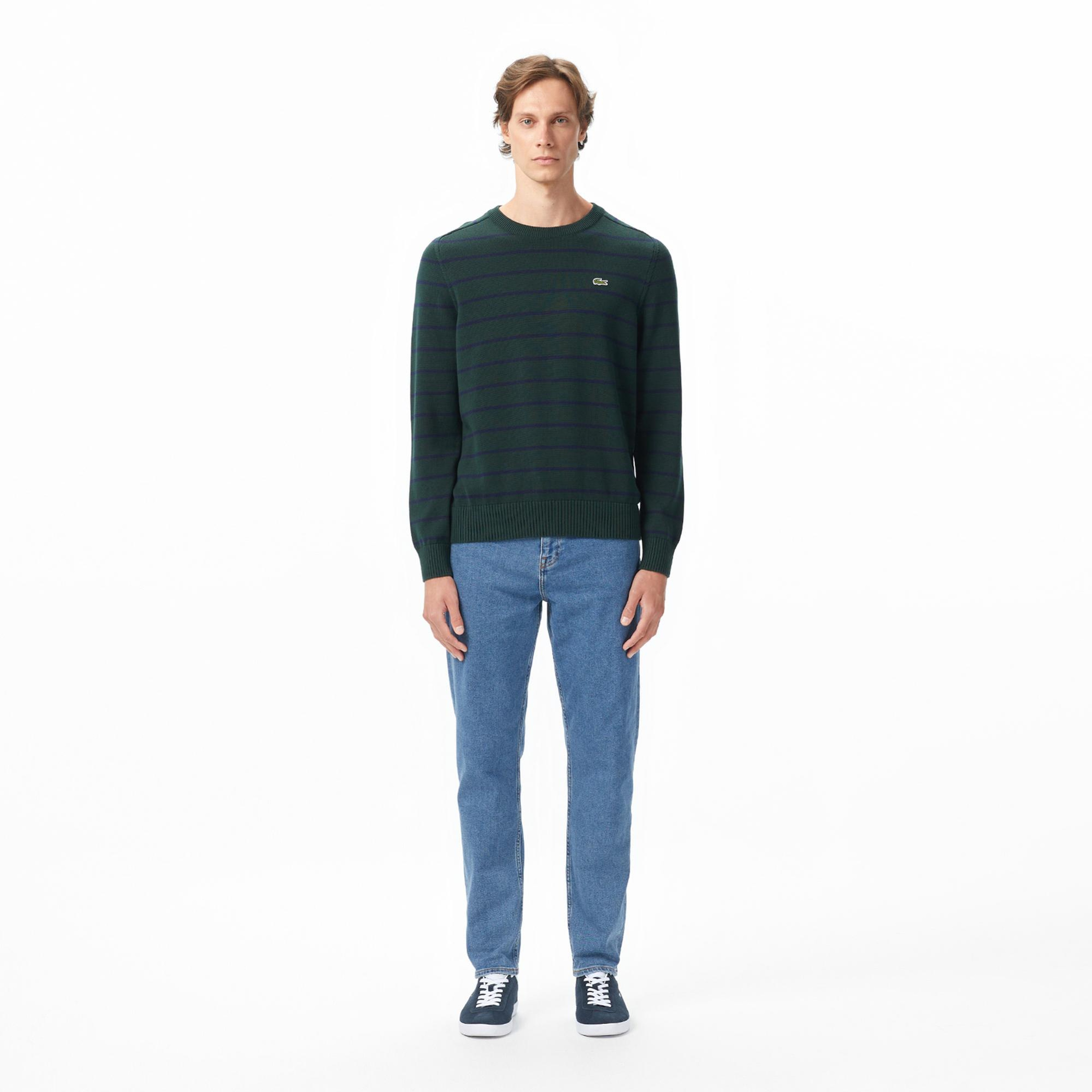 Lacoste Erkek Classic Fit Bisiklet Yaka Çizgili Yeşil Kazak