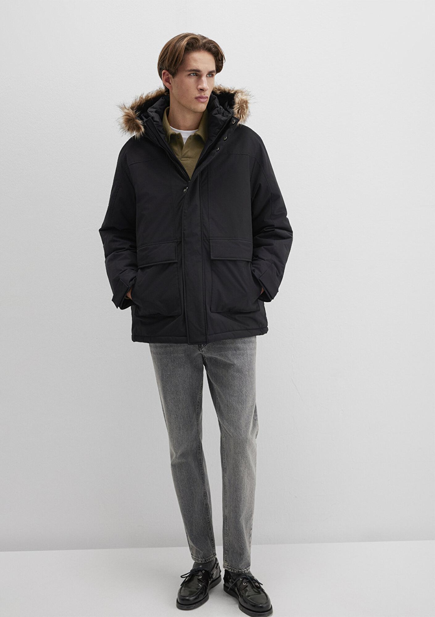 Mavi Kapüşonlu Siyah Parka Loose Fit / Bol Rahat Kesim 0110472-900