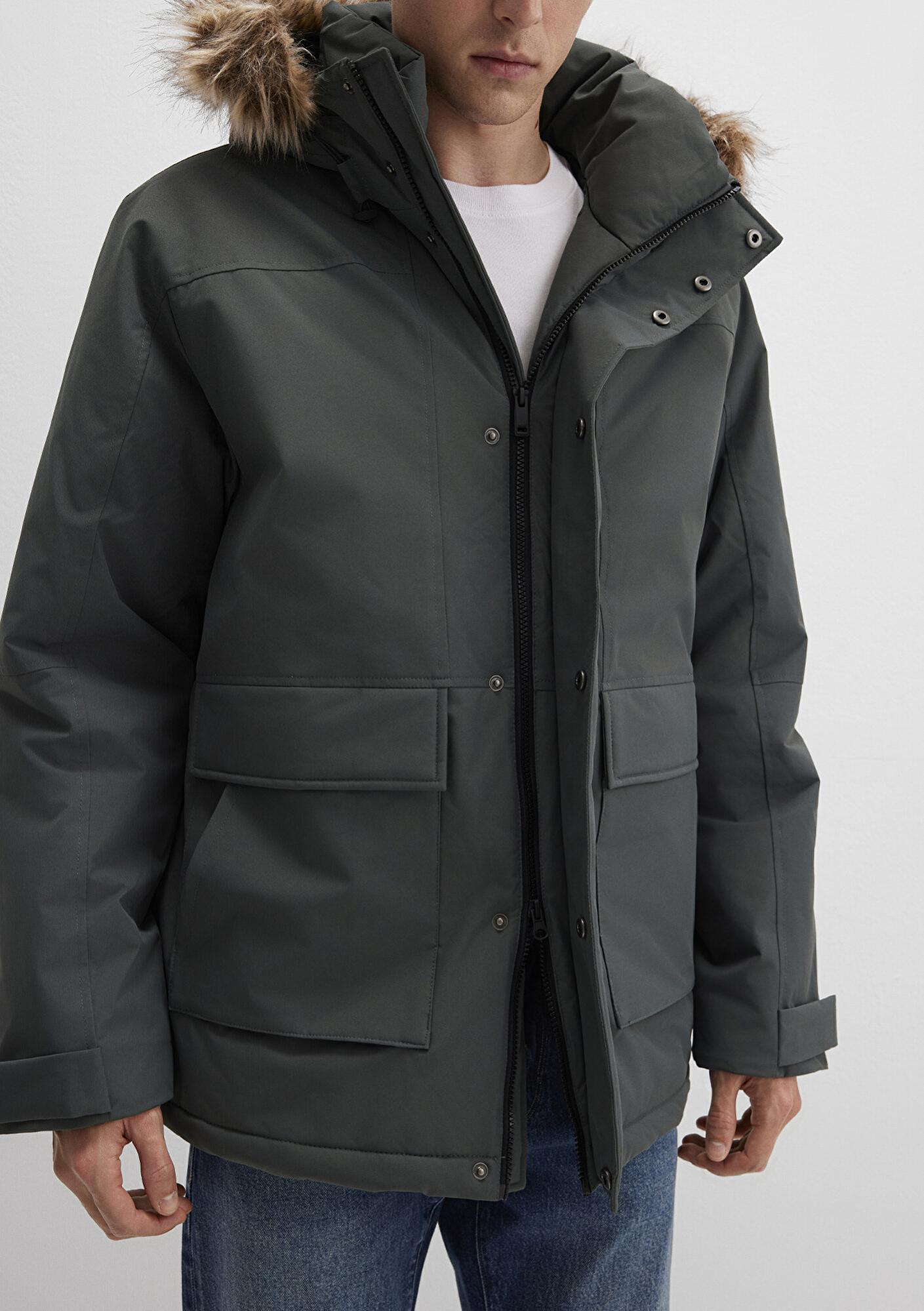 Mavi Kapüşonlu Yeşil Parka Loose Fit / Bol Rahat Kesim 0110472-71598