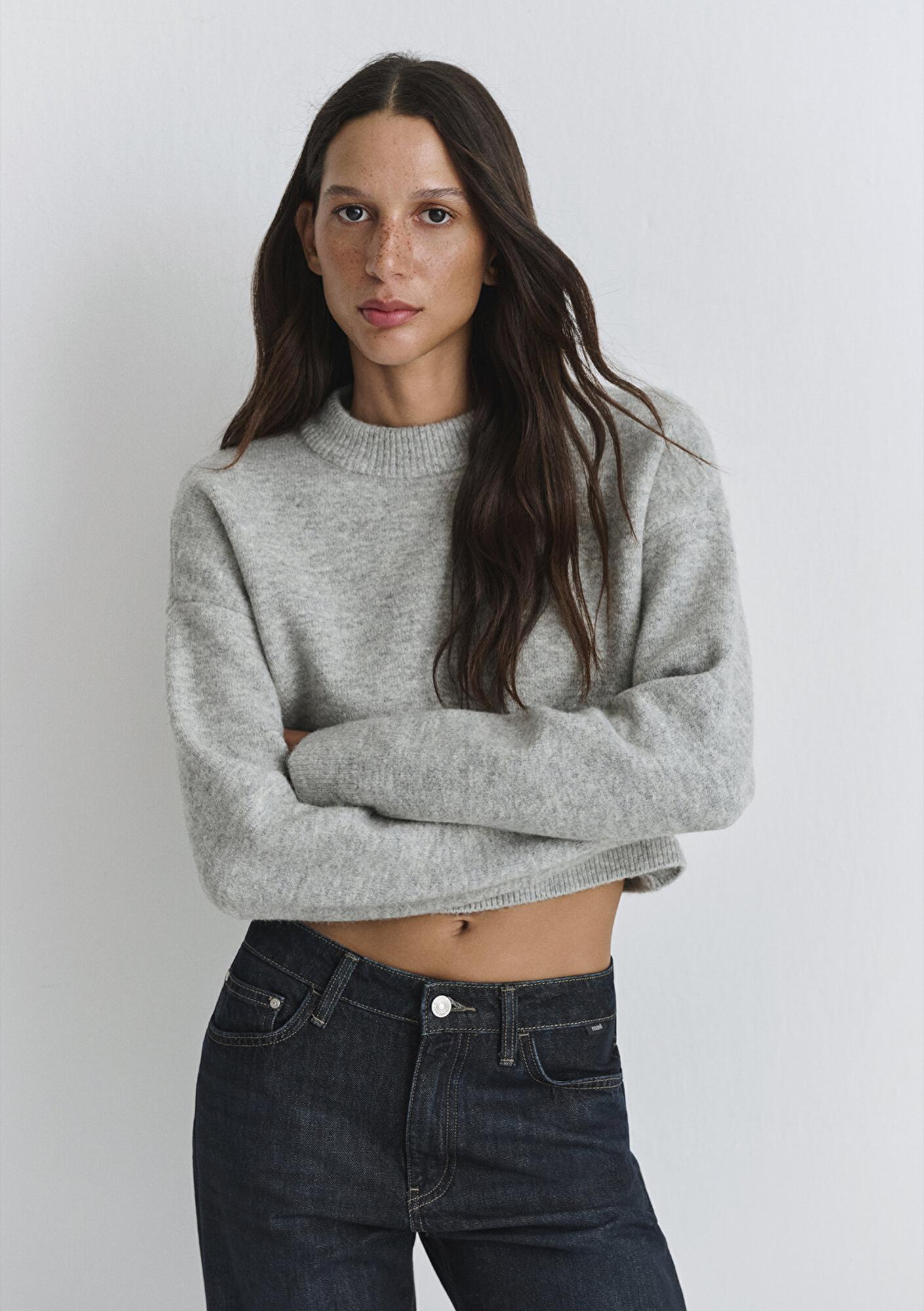 Mavi Yün Karışımlı Bisiklet Yaka Crop Gri Kazak Crop / Kısa Kesim 1710496-83096