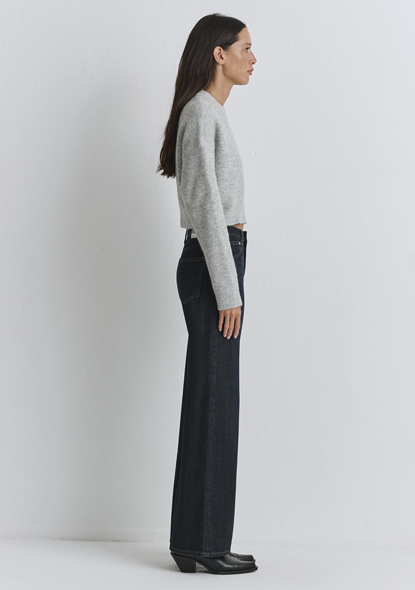 Mavi Yün Karışımlı Bisiklet Yaka Crop Gri Kazak Crop / Kısa Kesim 1710496-83096