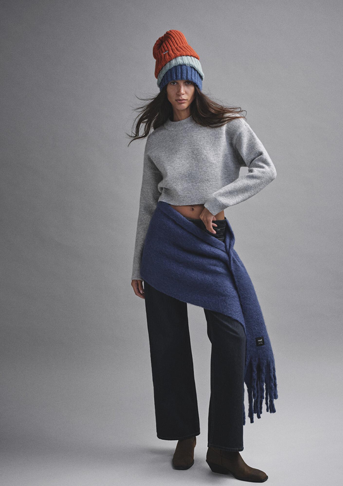 Mavi Yün Karışımlı Bisiklet Yaka Crop Gri Kazak Crop / Kısa Kesim 1710496-83096