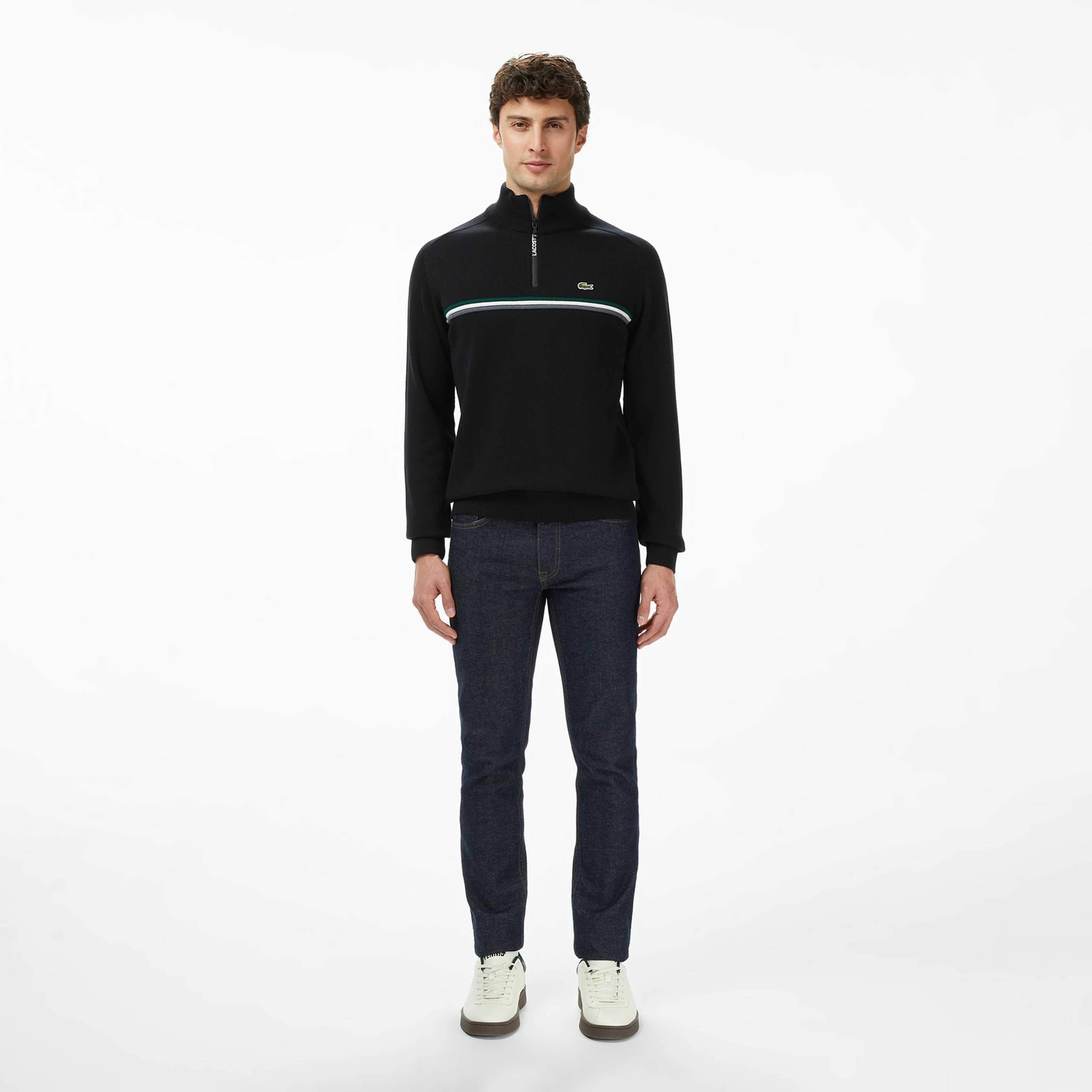 Lacoste Erkek Classic Fit Yarım Fermuarlı Çizgili Siyah Kazak