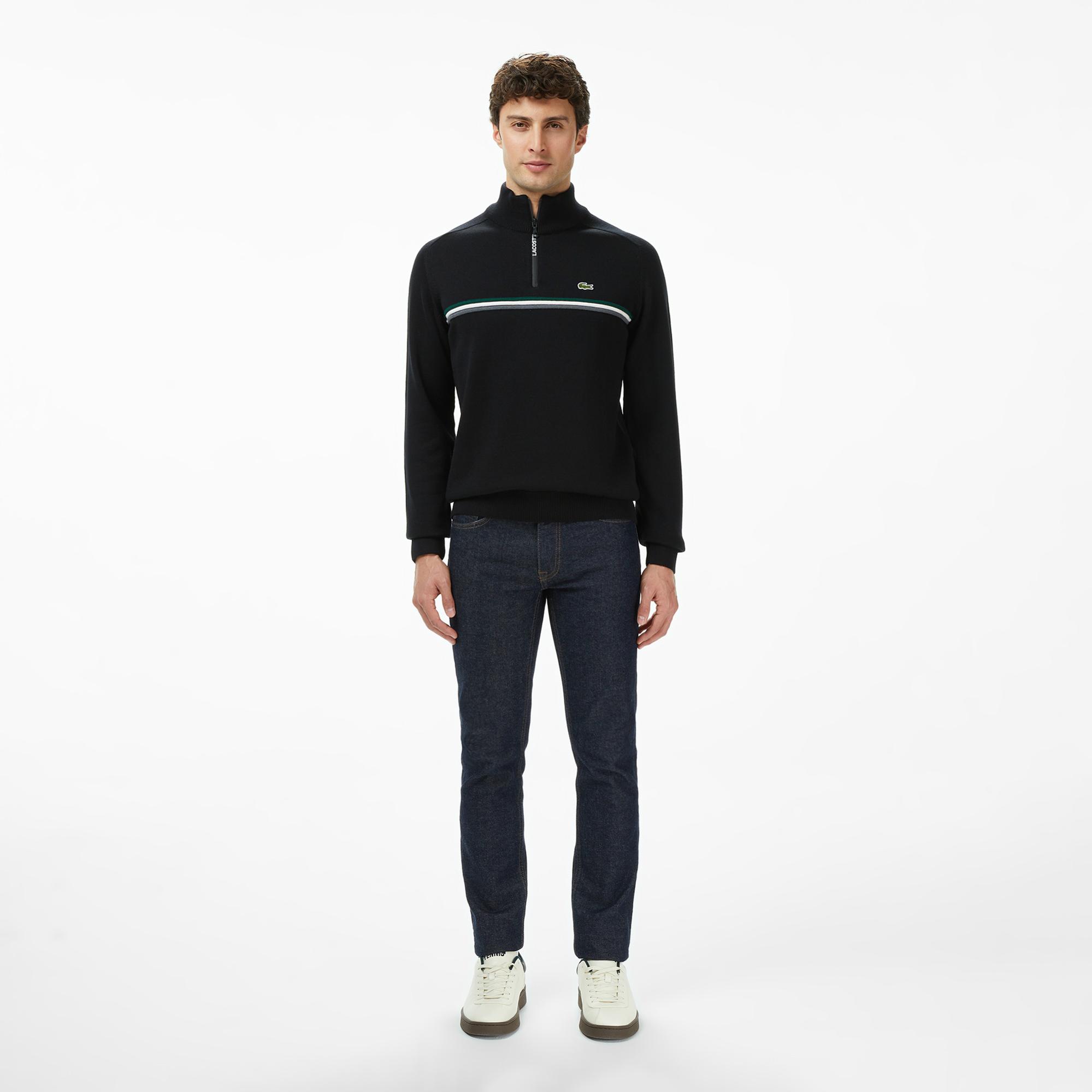 Lacoste Erkek Classic Fit Yarım Fermuarlı Çizgili Siyah Kazak