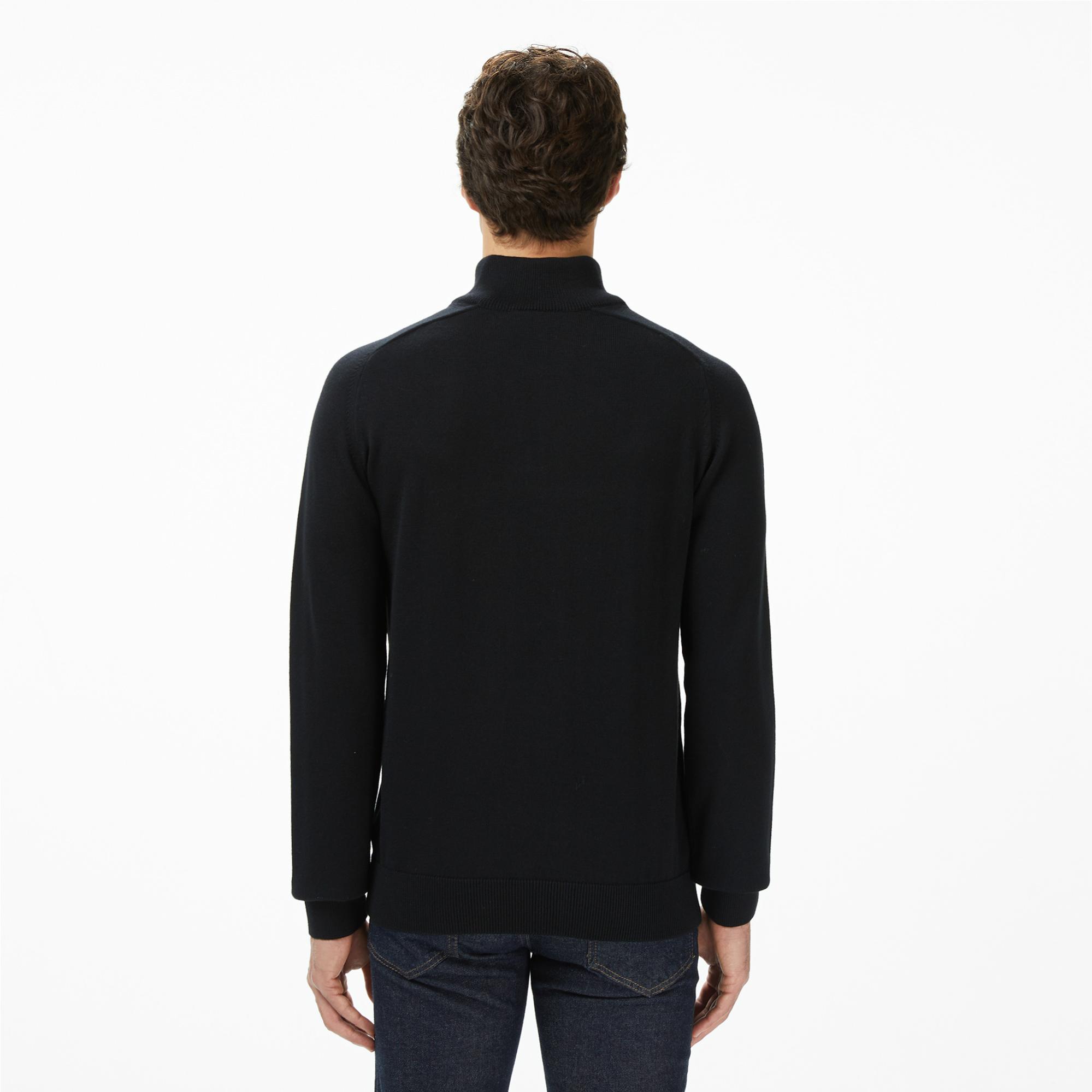 Lacoste Erkek Classic Fit Yarım Fermuarlı Çizgili Siyah Kazak