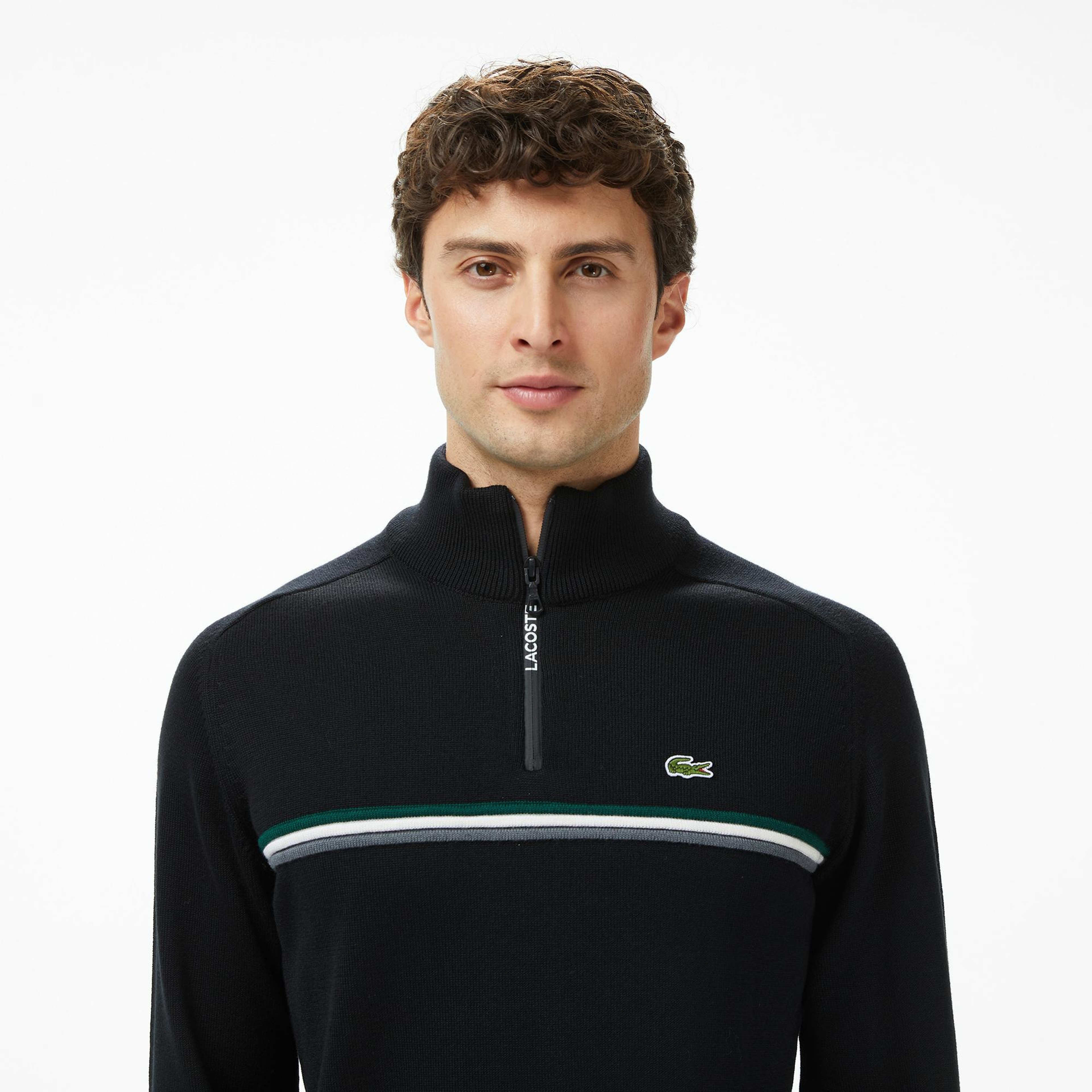 Lacoste Erkek Classic Fit Yarım Fermuarlı Çizgili Siyah Kazak