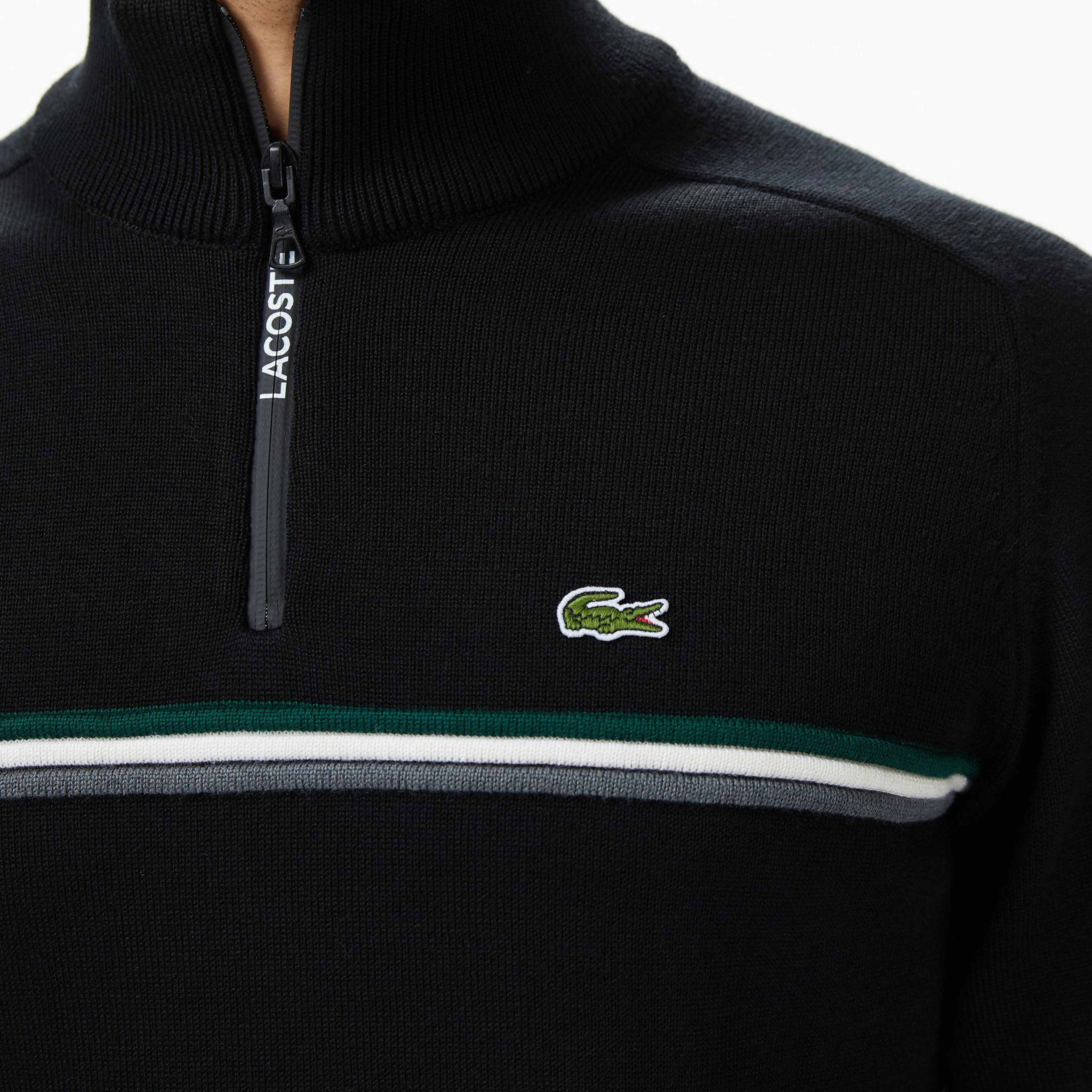Lacoste Erkek Classic Fit Yarım Fermuarlı Çizgili Siyah Kazak