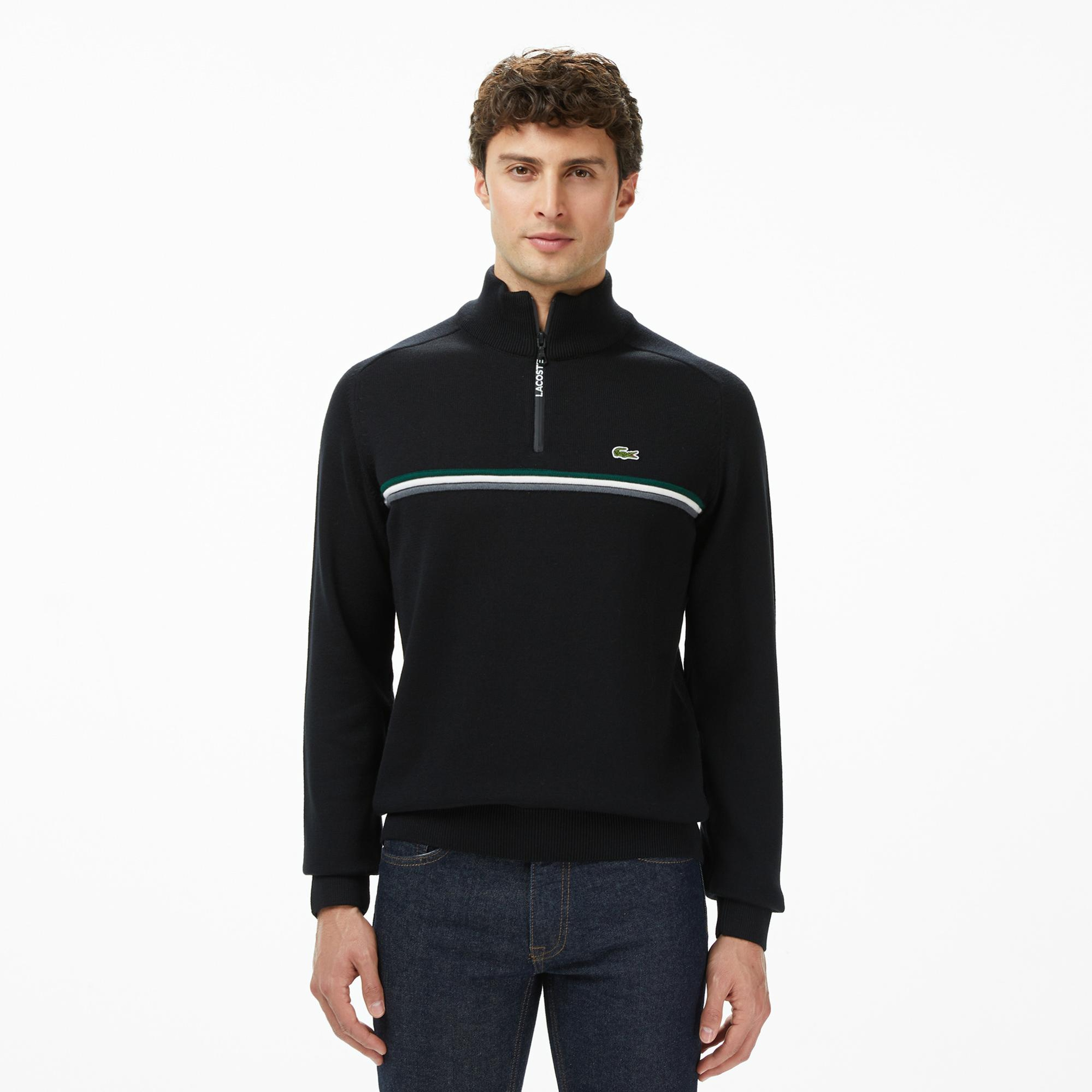 Lacoste Erkek Classic Fit Yarım Fermuarlı Çizgili Siyah Kazak