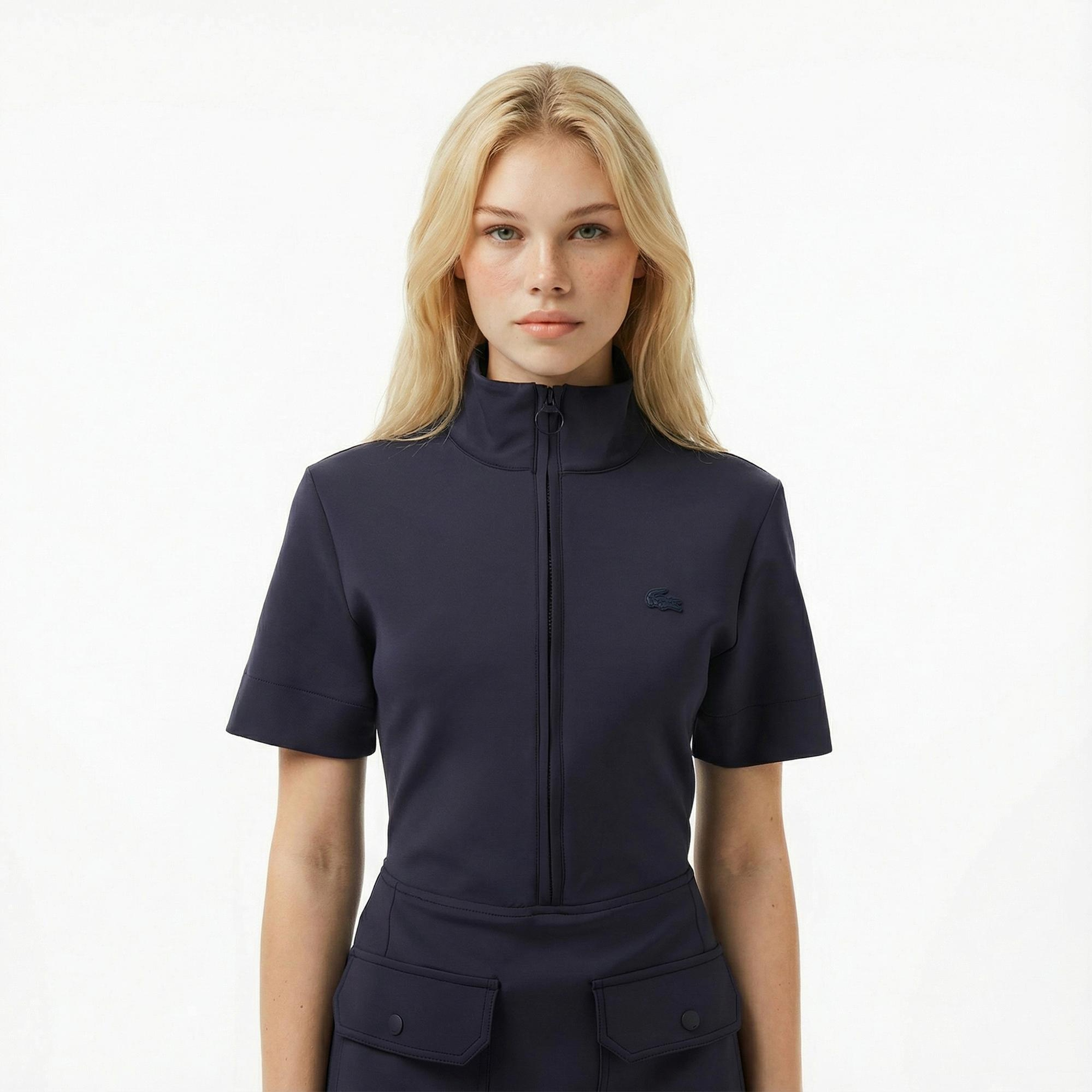 Lacoste Kadın Classic Fit Kısa Kollu Dik Yaka Koyu Mavi Elbise