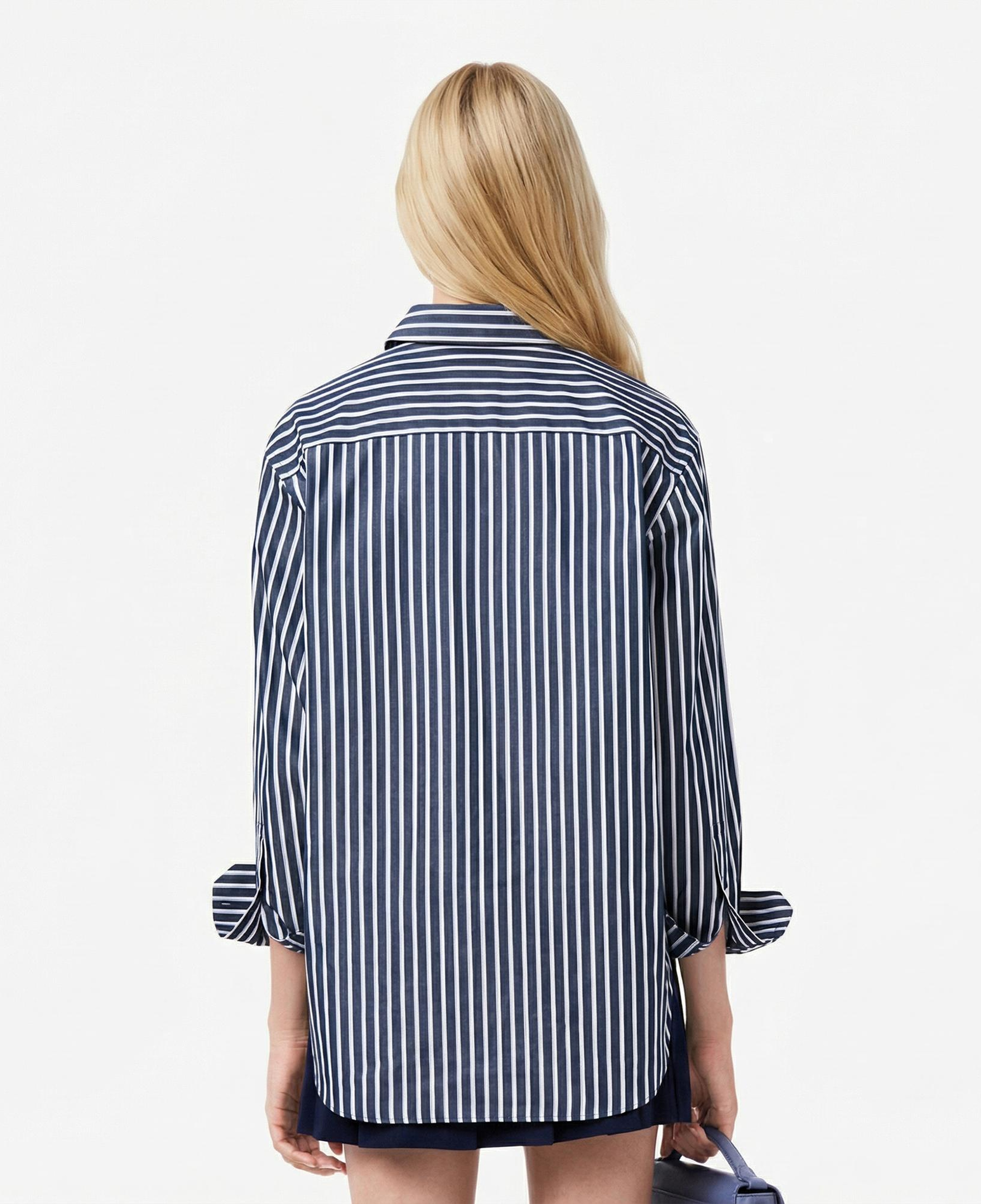 Lacoste Kadın Oversize Fit Düğmesiz Yaka Çizgili Lacivert Gömlek