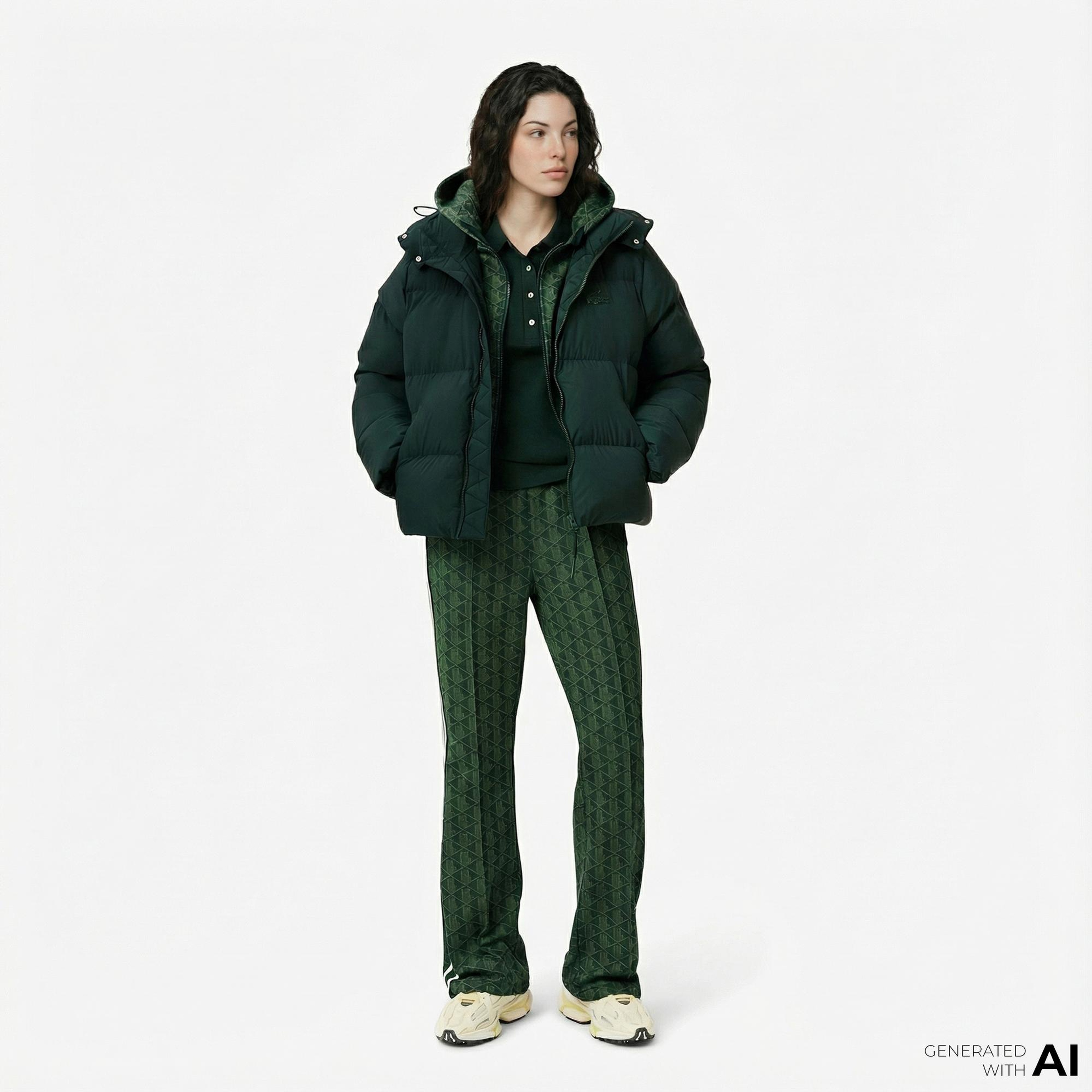 Lacoste Kadın Relaxed Fit Kapüşonlu Koyu Yeşil Şişme Mont