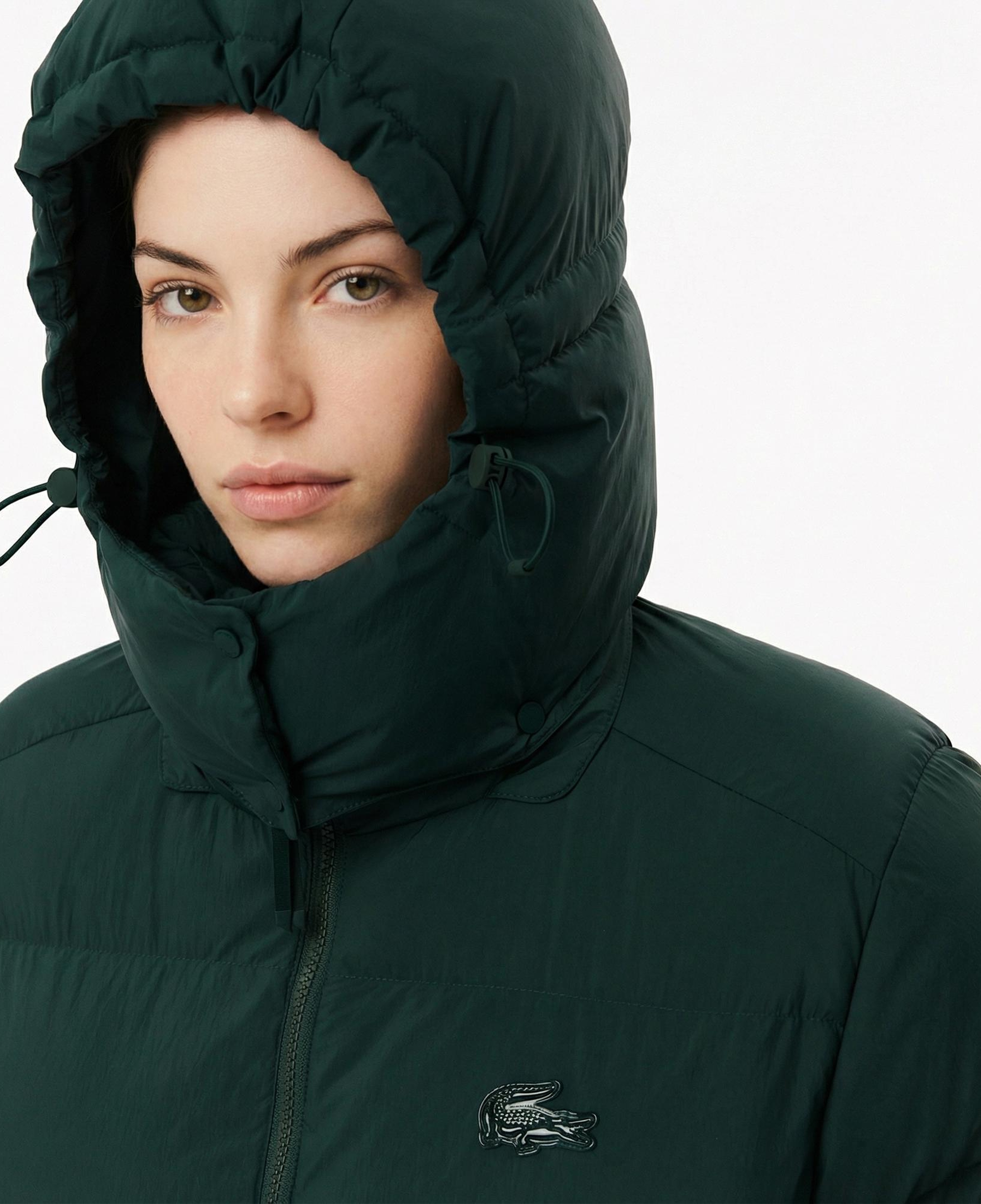 Lacoste Kadın Relaxed Fit Kapüşonlu Koyu Yeşil Şişme Mont