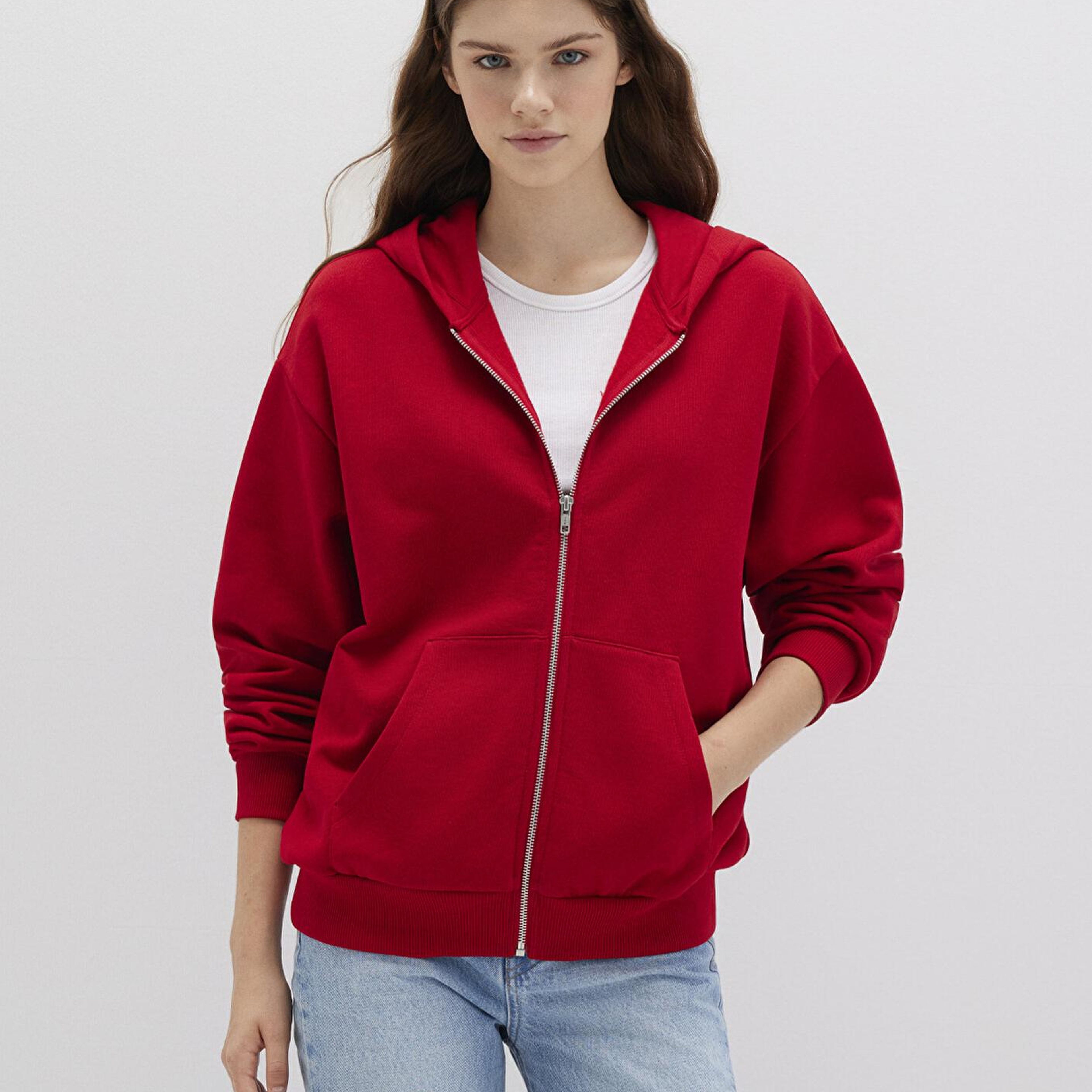 Mavi Fermuarlı Kapüşonlu Kırmızı Basic Sweatshirt 1611775-82054