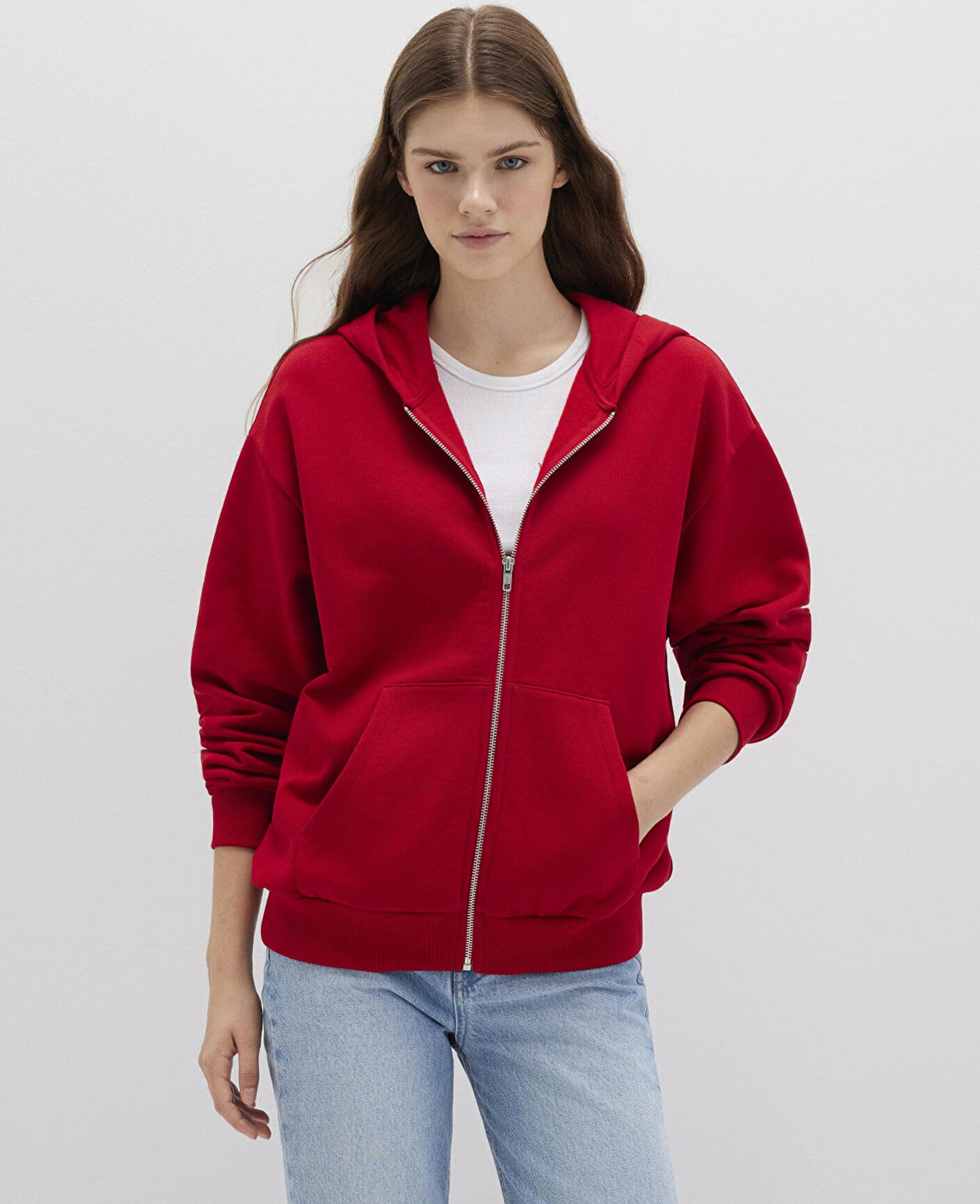 Mavi Fermuarlı Kapüşonlu Kırmızı Basic Sweatshirt 1611775-82054