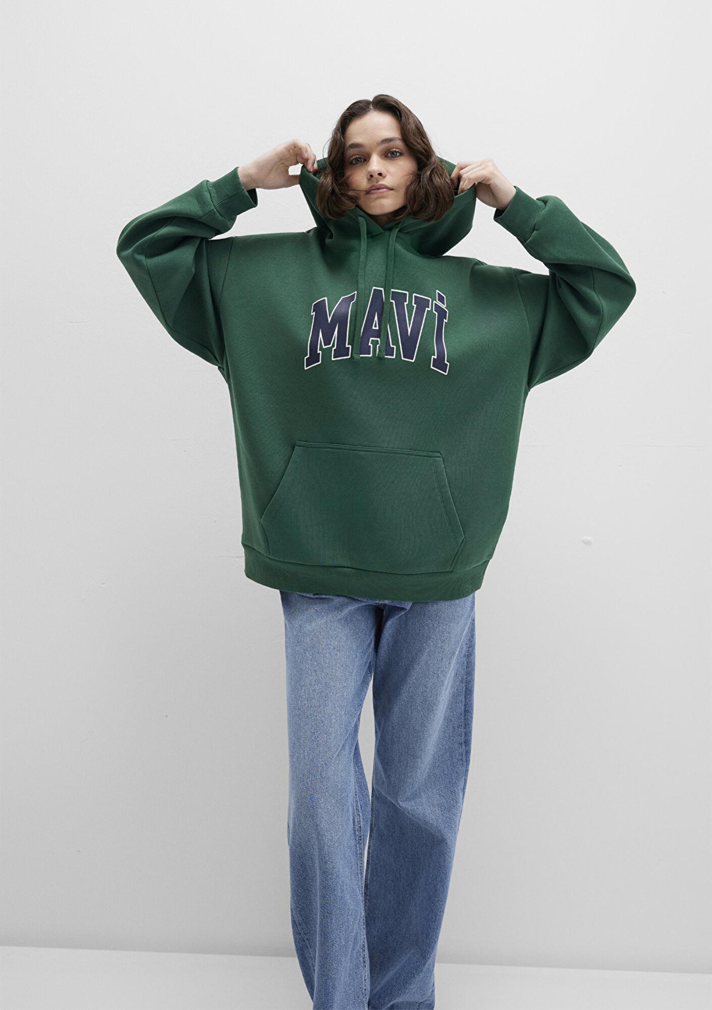 Mavi Mavi Logo Baskılı Kapüşonlu Yeşil Sweatshirt 1600361-71892