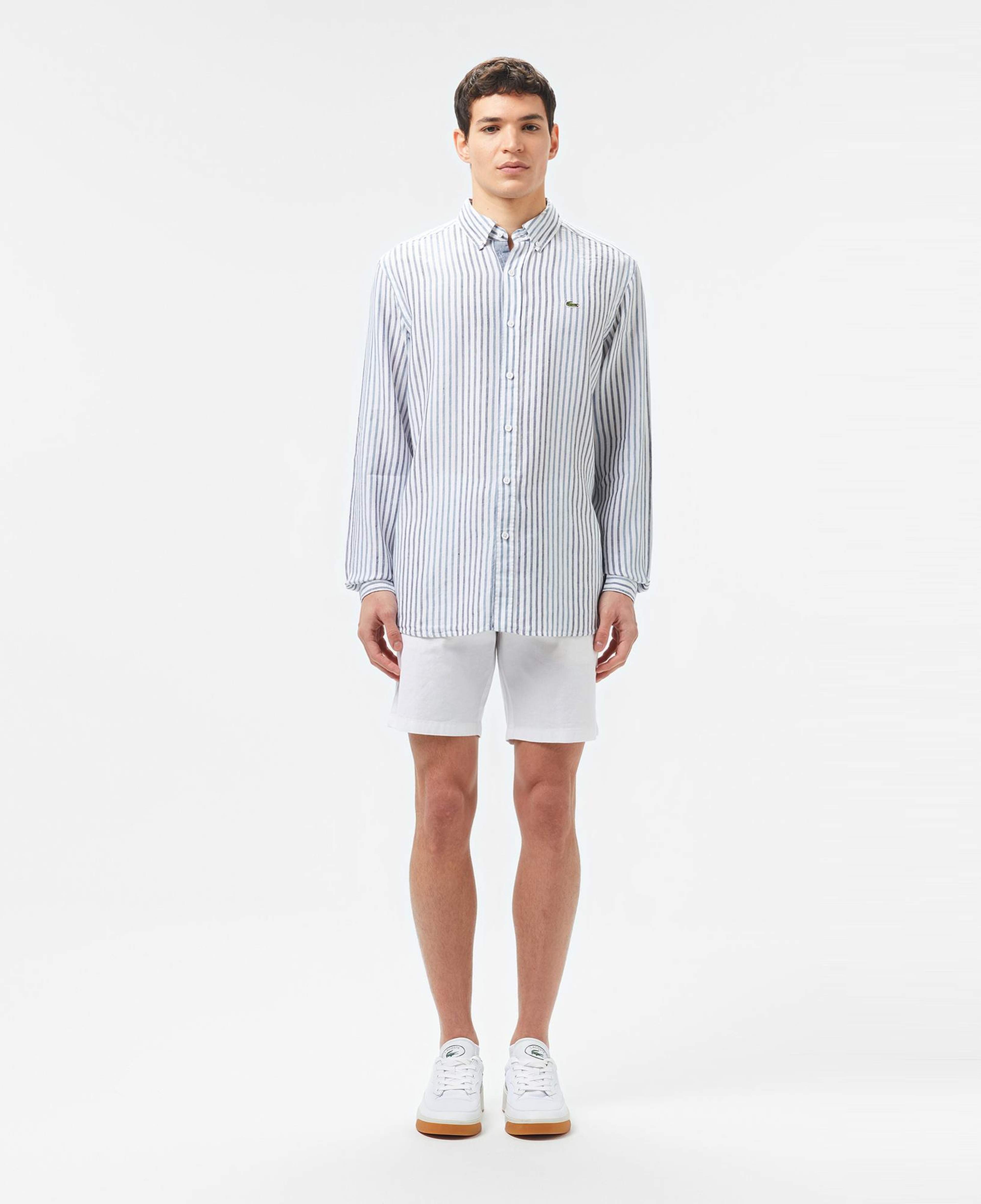 Lacoste Erkek Regular Fit Çizgili Keten Koyu Mavi Gömlek