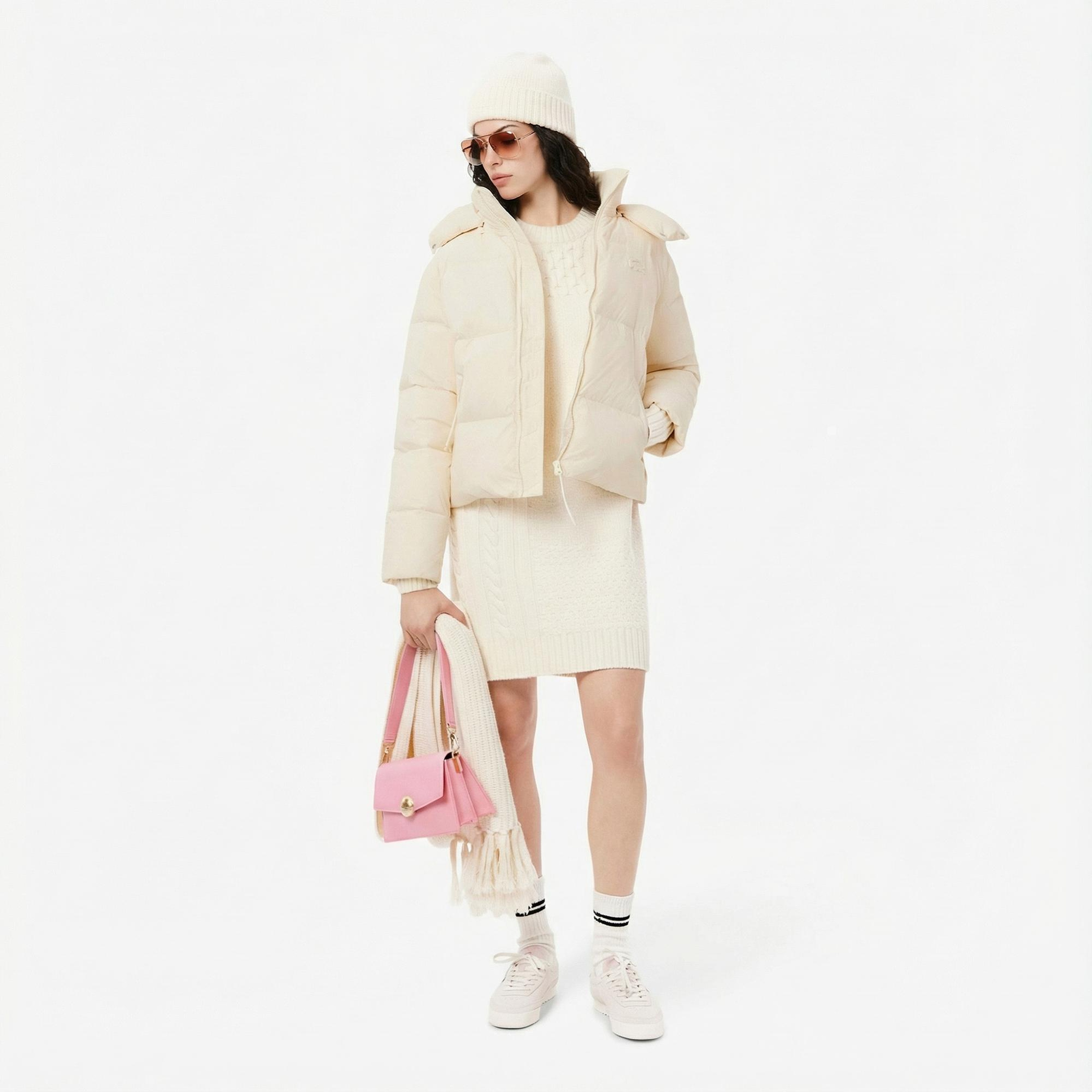 Lacoste Kadın Relaxed Fit Kapüşonlu Krem Şişme Mont