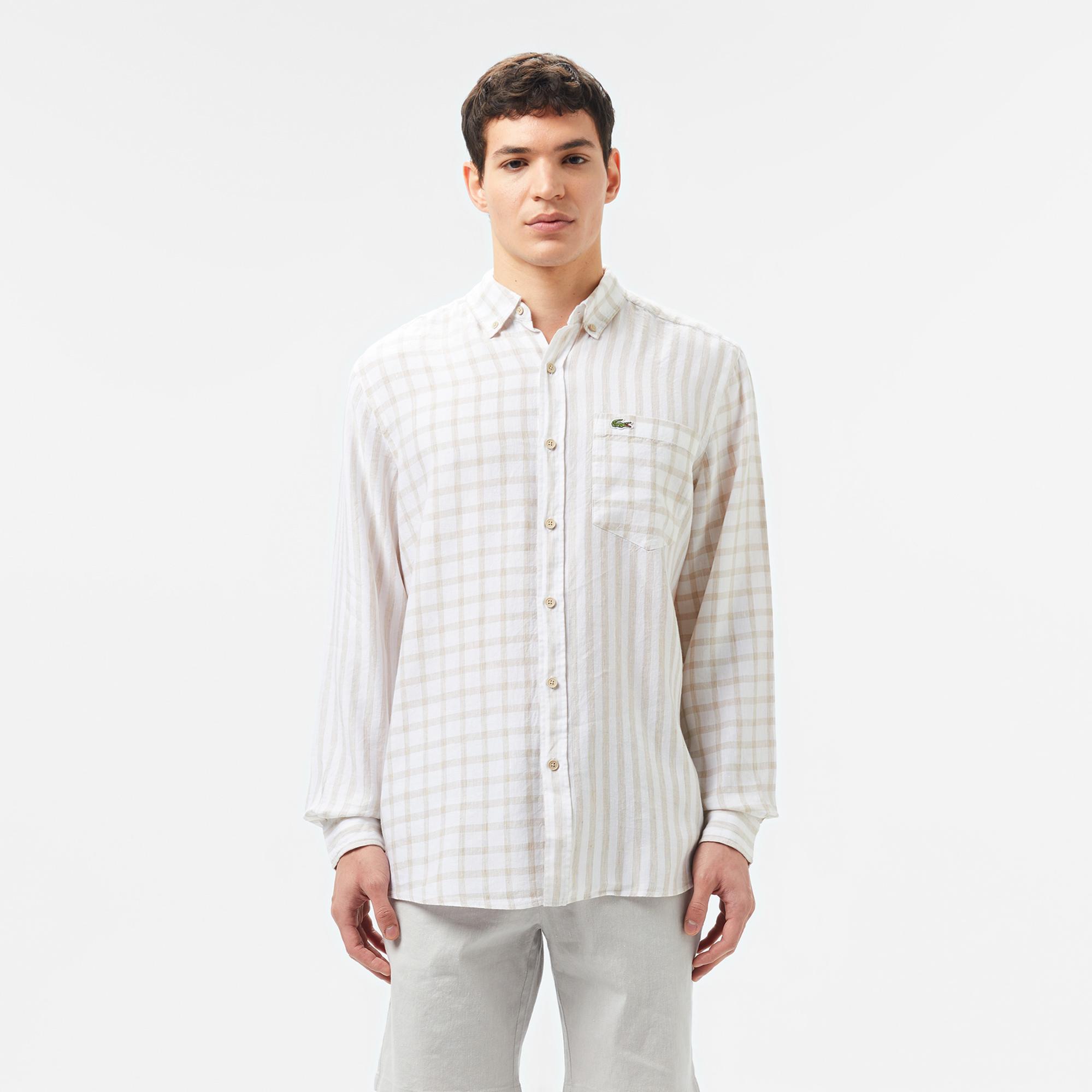 Lacoste Erkek Regular Fit Düğmeli Yaka Ekose Keten Bej Gömlek