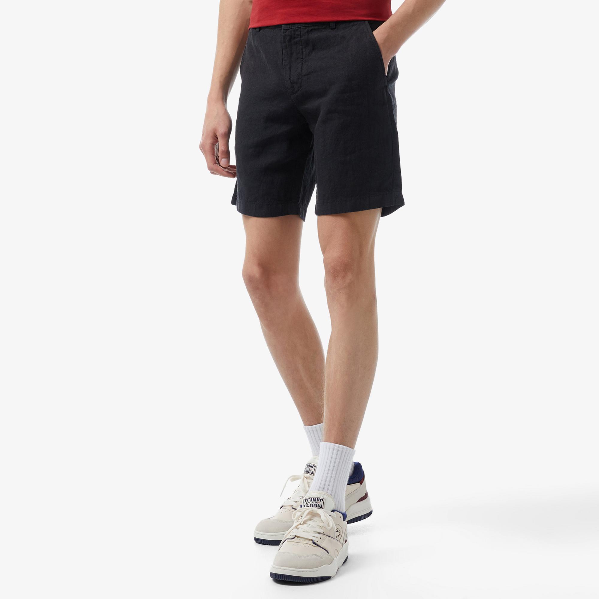 Erkek Slim Fit Keten Siyah Bermuda Şort