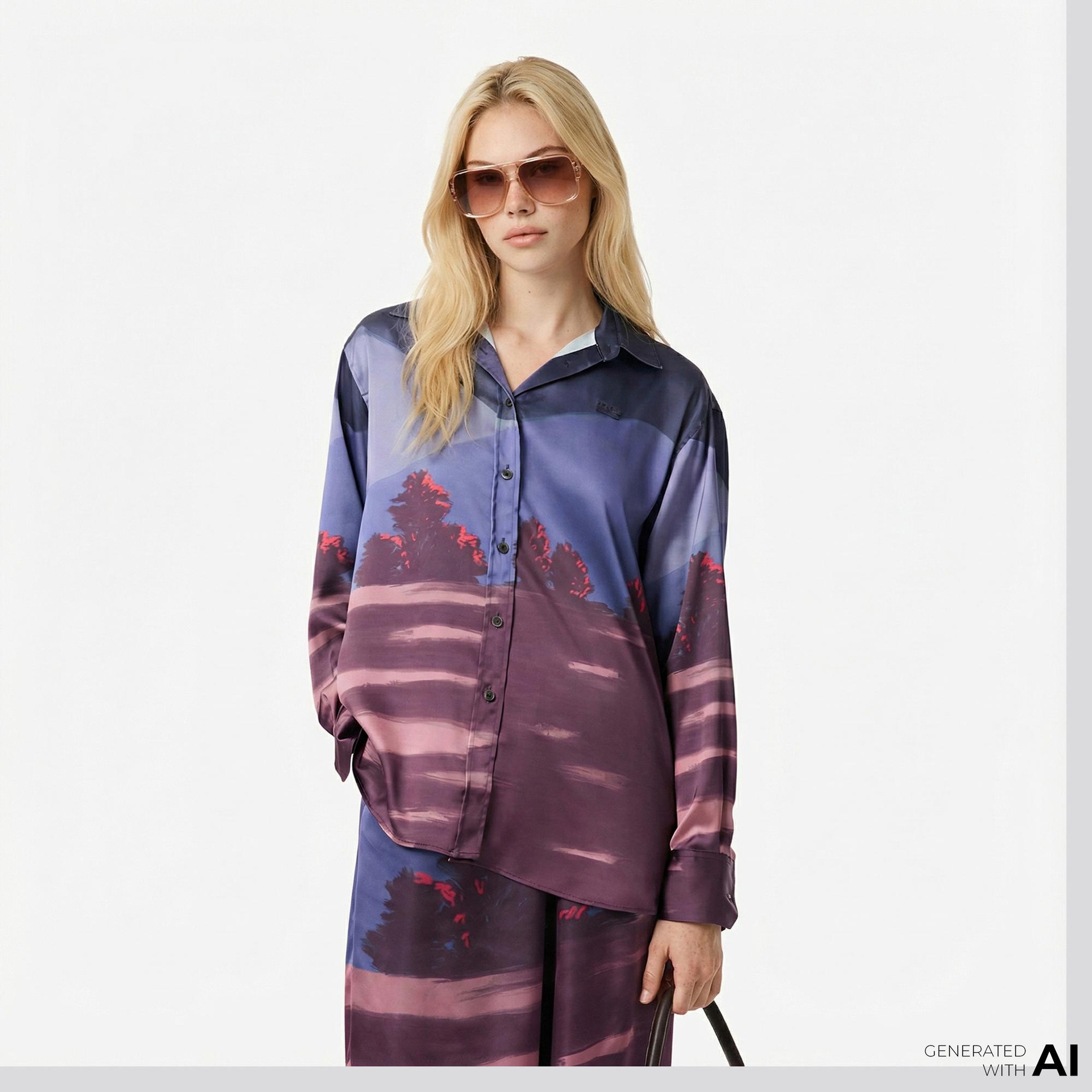 Lacoste Kadın Oversize Fit Baskılı Mor Saten Gömlek