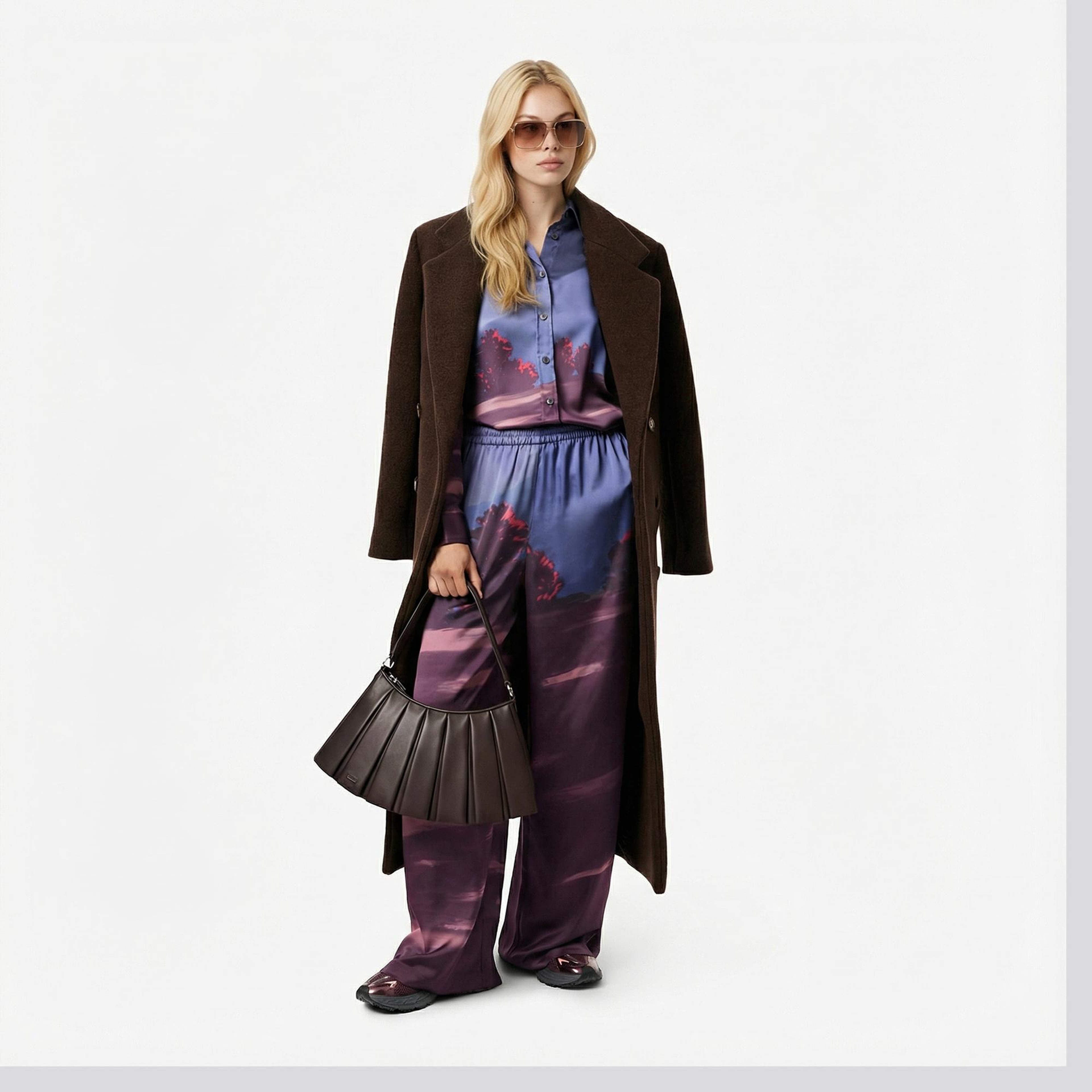 Lacoste Kadın Oversize Fit Baskılı Mor Saten Gömlek