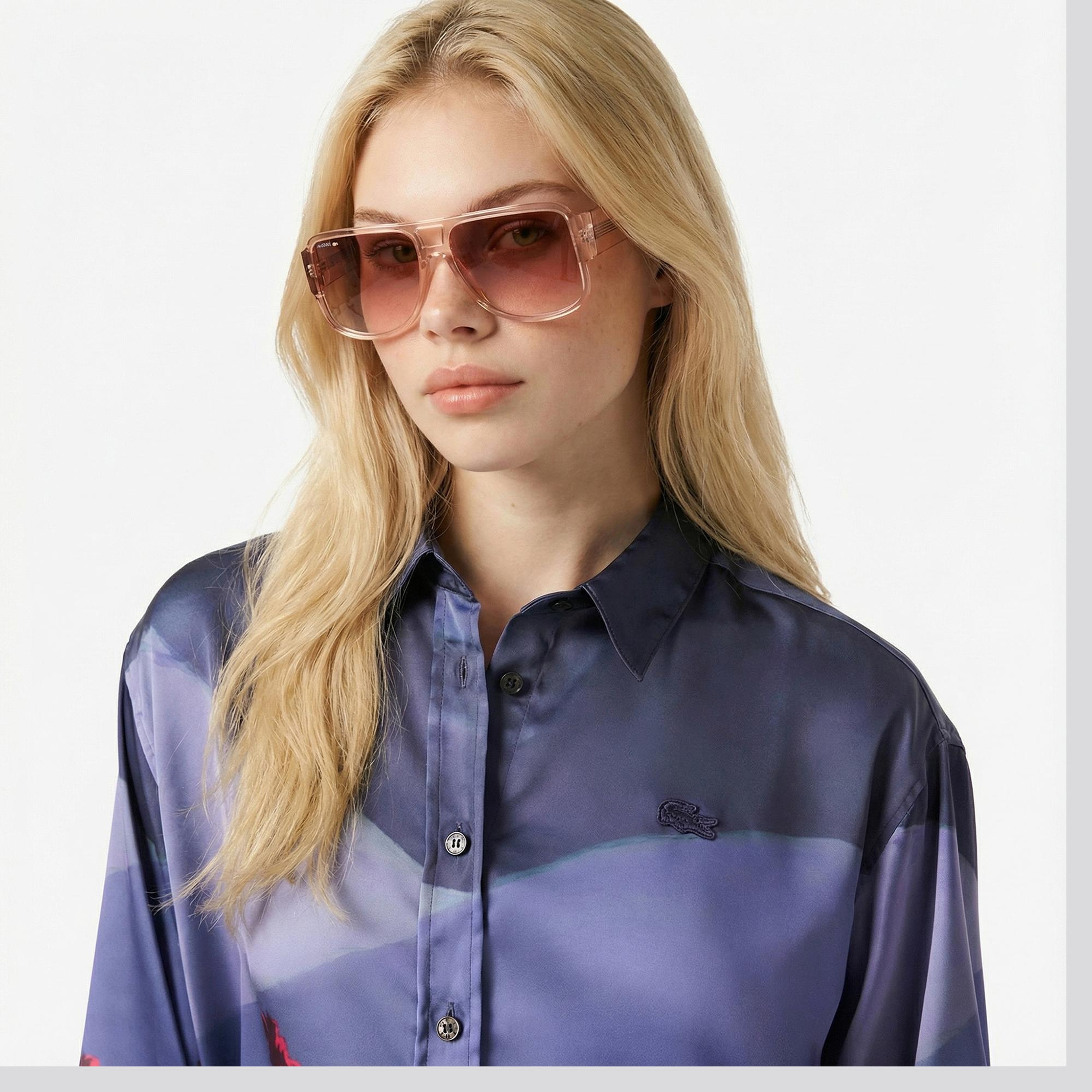 Lacoste Kadın Oversize Fit Baskılı Mor Saten Gömlek