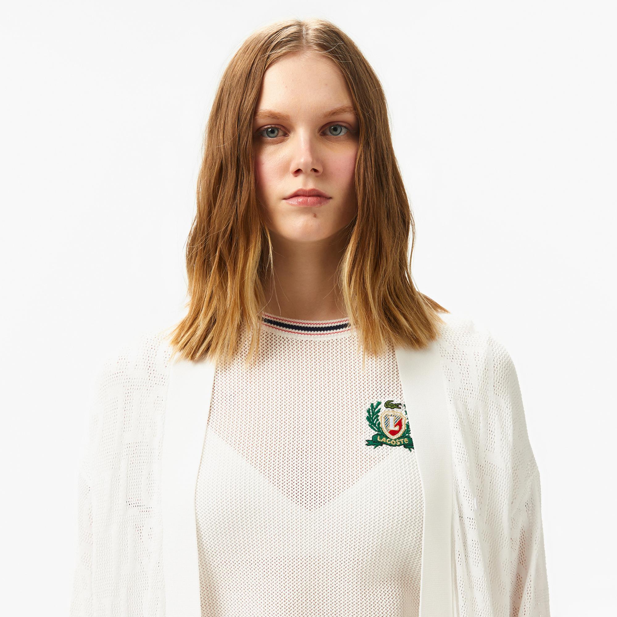 Lacoste Kadın Relaxed Fit Desenli Beyaz Hırka