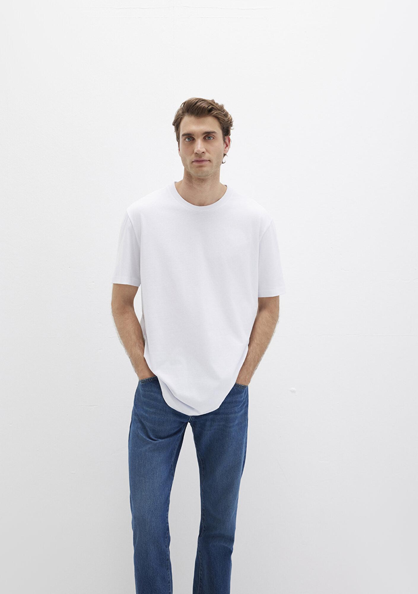 Mavi Bisiklet Yaka Beyaz Basic Tişört Slim Long Fit / Slim Uzun Kesim 067082-620