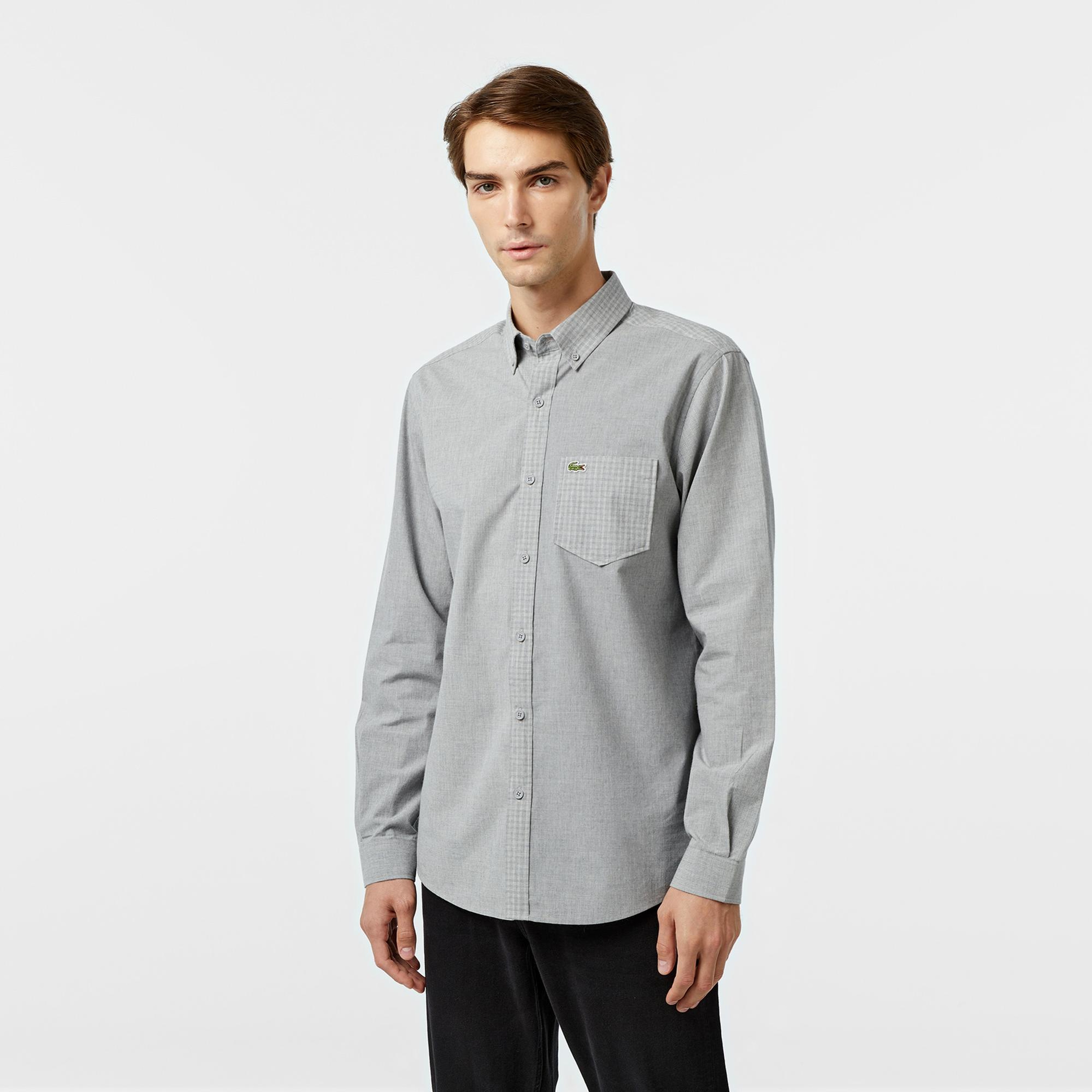 Lacoste Erkek Relaxed Fit Düğmeli Yaka Ekose Gri Gömlek