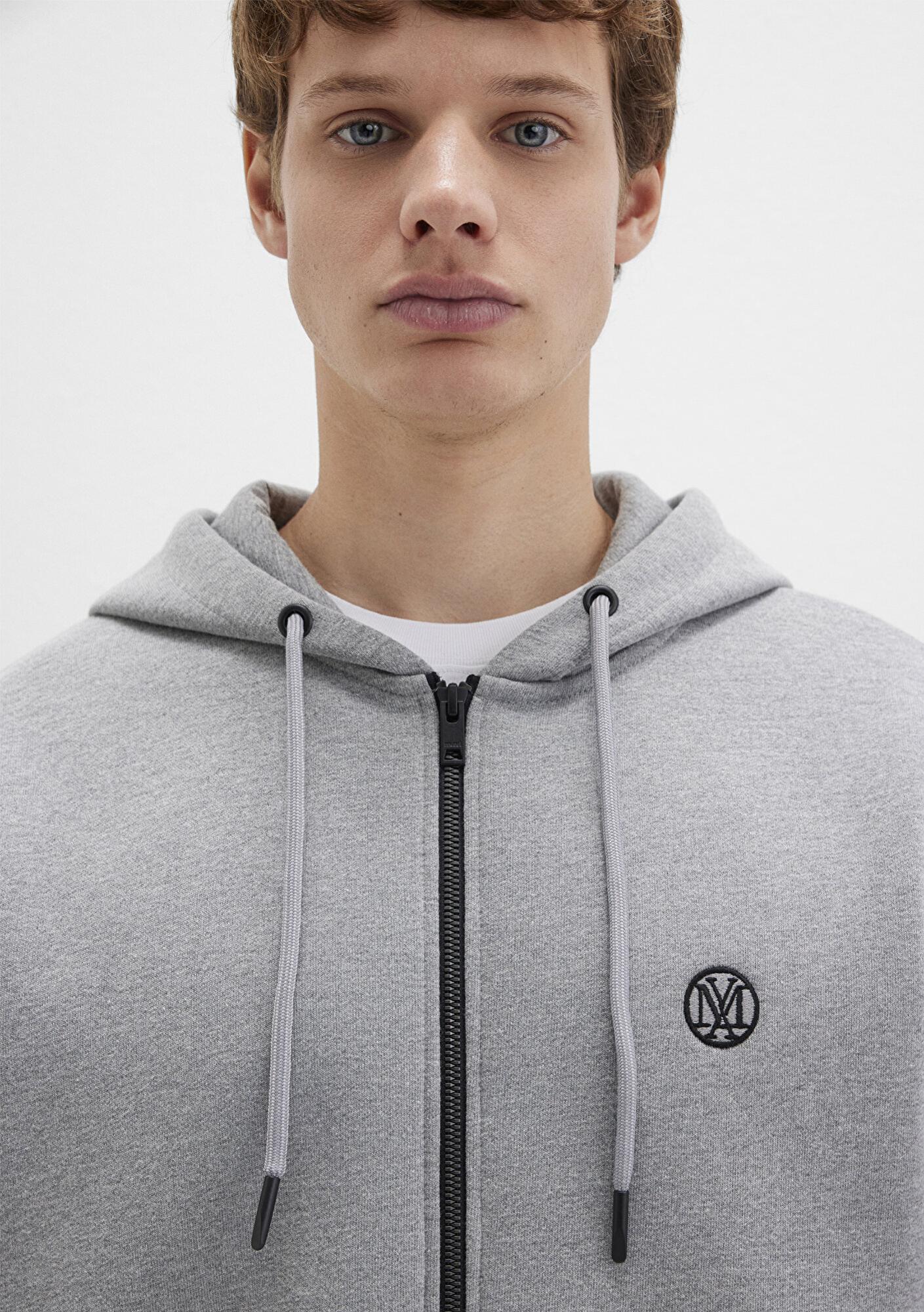 Mavi Mühür Logo Nakışlı Kapüşonlu Fermuarlı Gri Sweatshirt 066979-34686